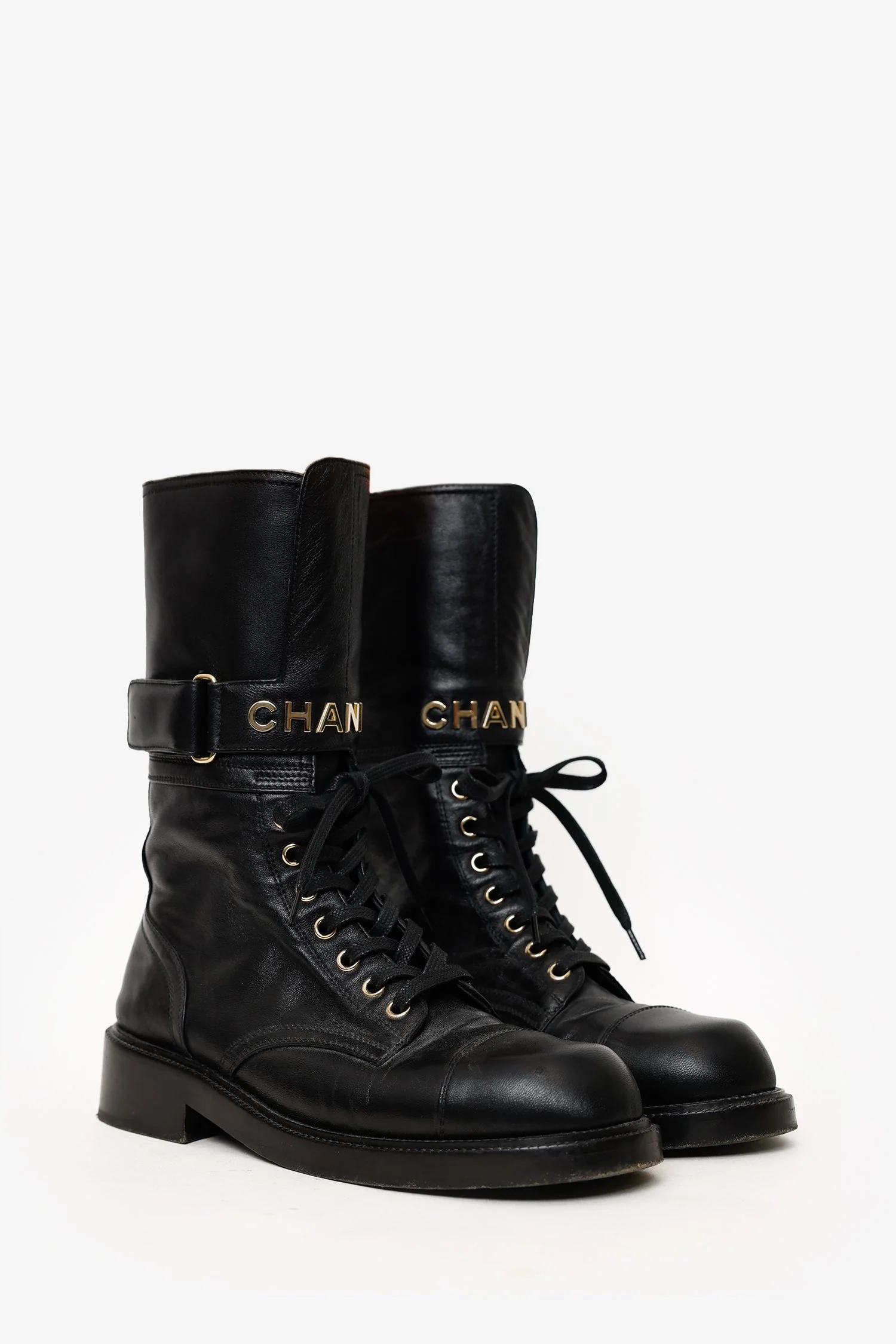 Pre-Loved Chanel™ Black Leather Combat Boots Size 39 - Image 2