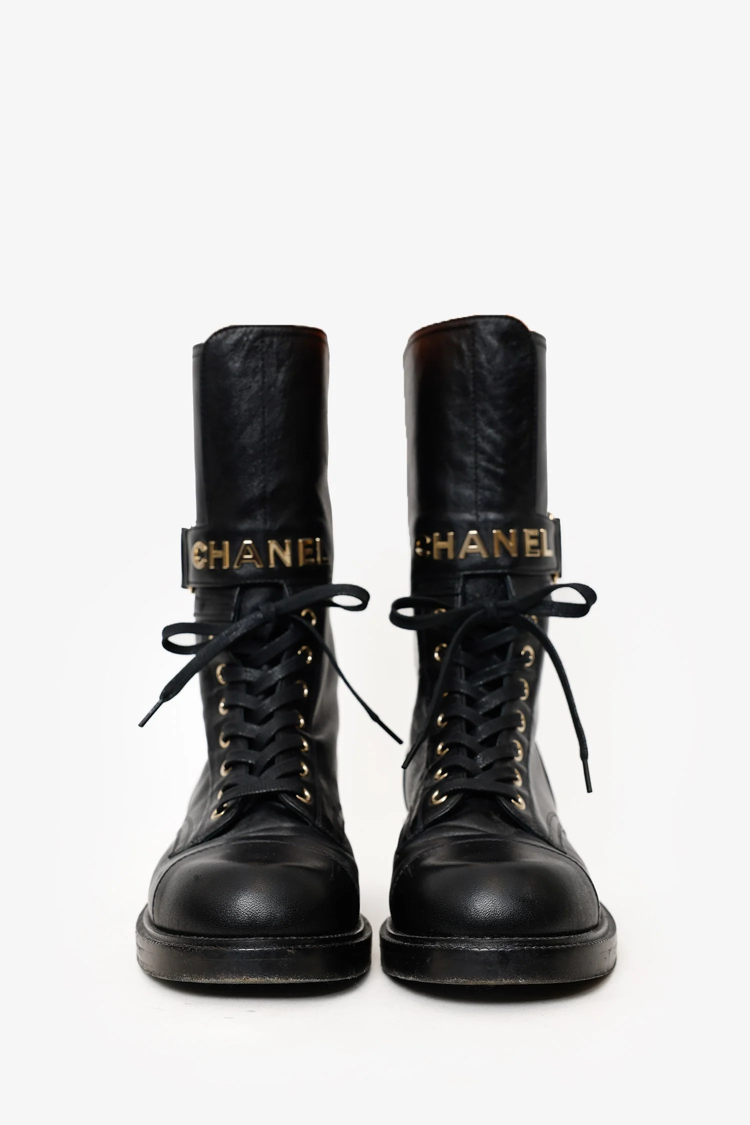 Pre-Loved Chanel™ Black Leather Combat Boots Size 39 - Image 3