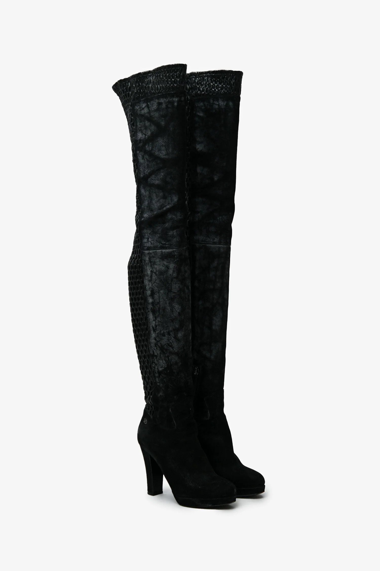 Pre-Loved Chanel™ Black Leather Distressed Textured Thigh High Boots Size 37 - Image 2