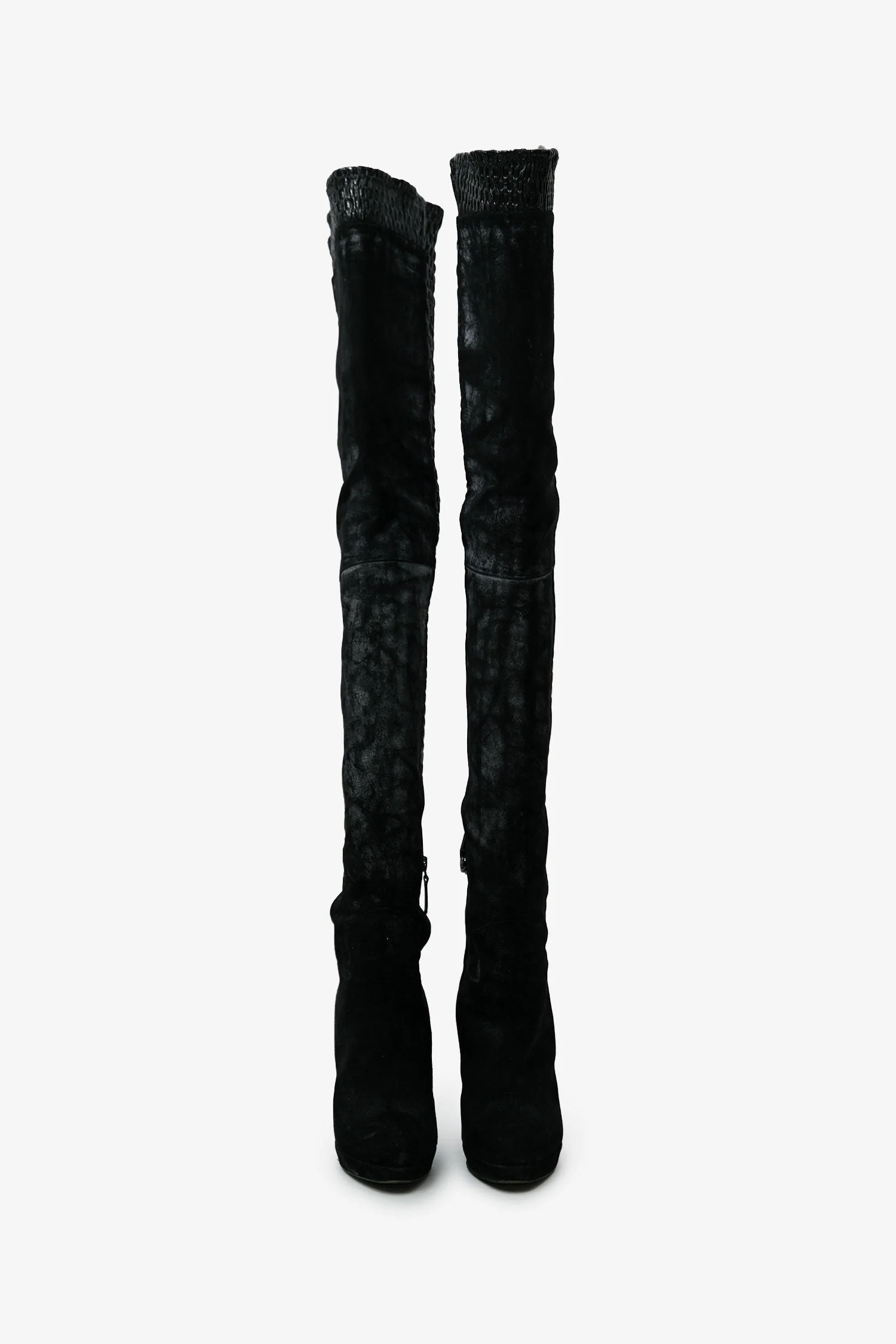 Pre-Loved Chanel™ Black Leather Distressed Textured Thigh High Boots Size 37 - Image 3