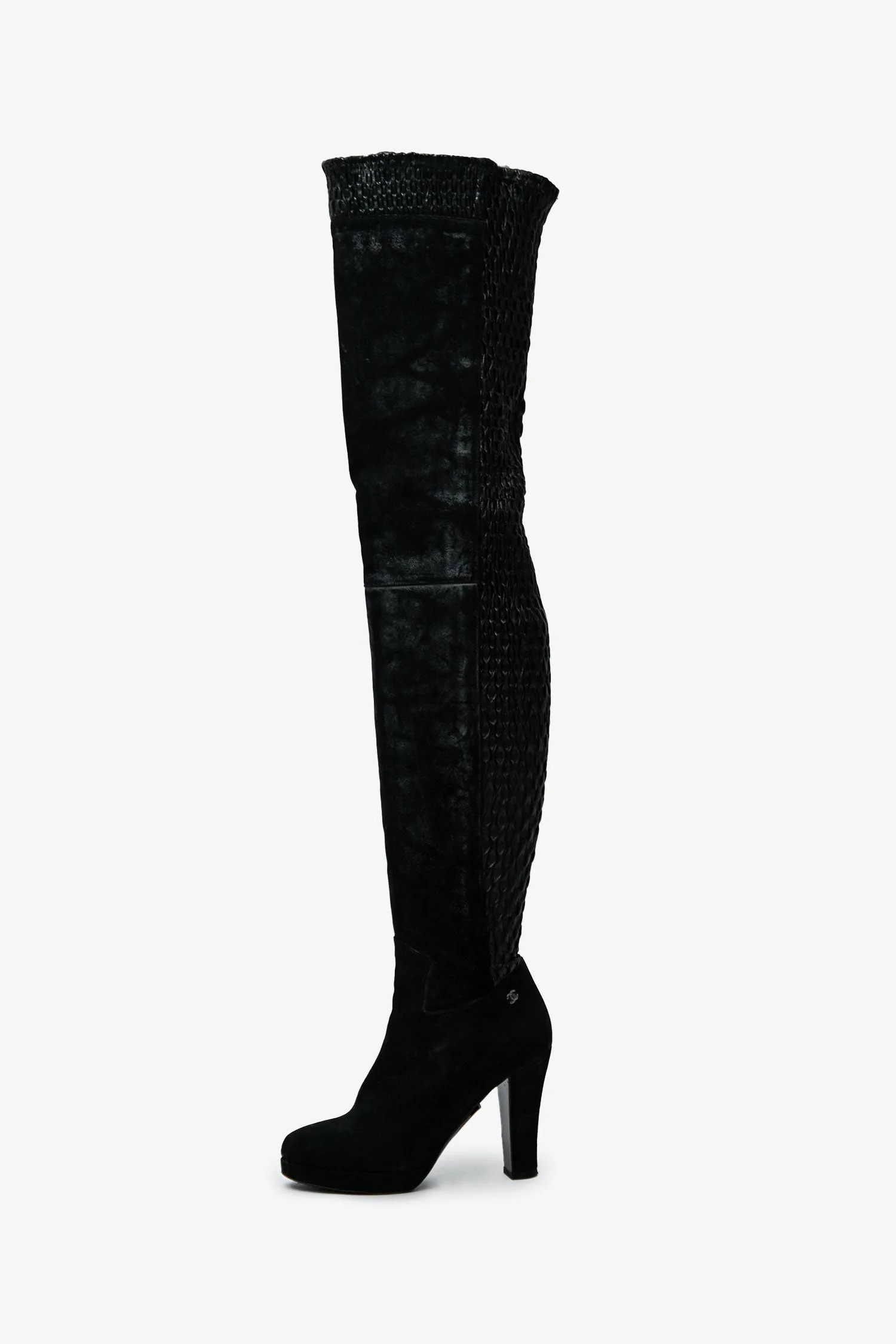 Pre-Loved Chanel™ Black Leather Distressed Textured Thigh High Boots Size 37 - Image 4
