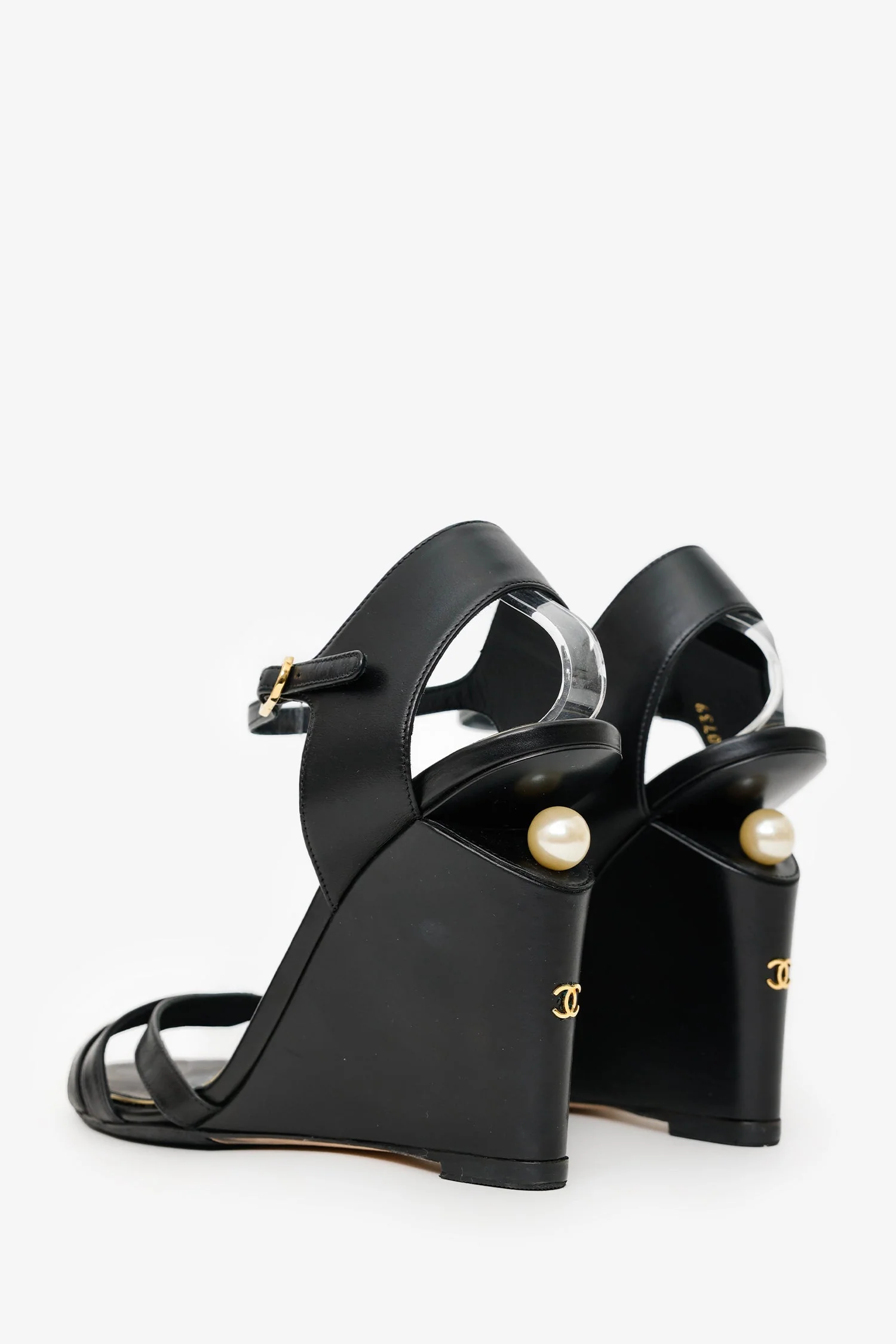Pre-Loved Chanel™ Black Leather Pearl-Embellished Wedge Sandals Size 38 - Image 4