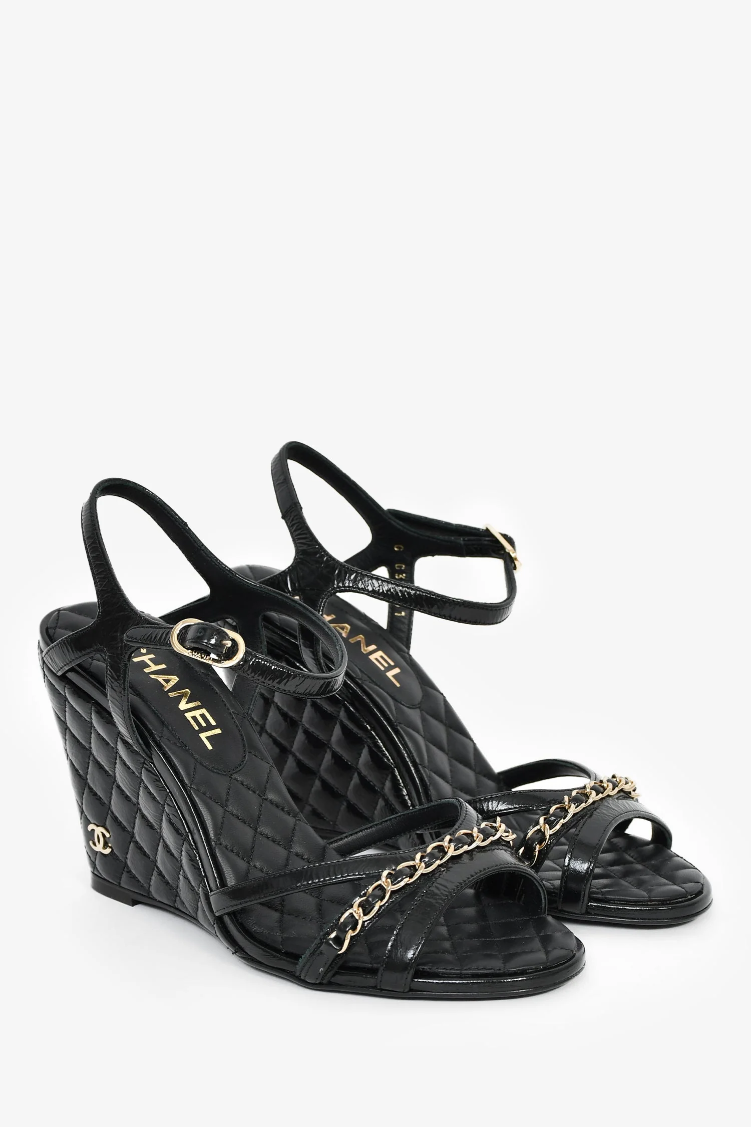 Pre-Loved Chanel™ Black Patent Quilted Chain Detail Wedge Heels Size 38C - Image 2