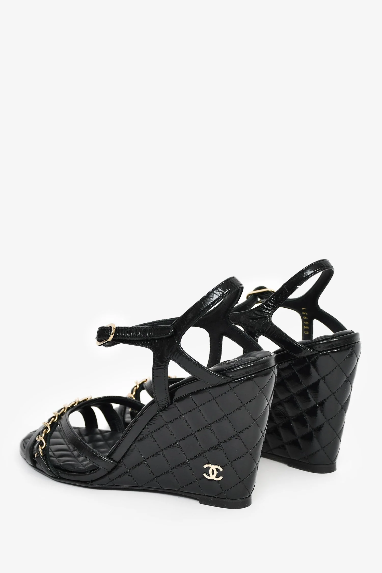 Pre-Loved Chanel™ Black Patent Quilted Chain Detail Wedge Heels Size 38C - Image 5