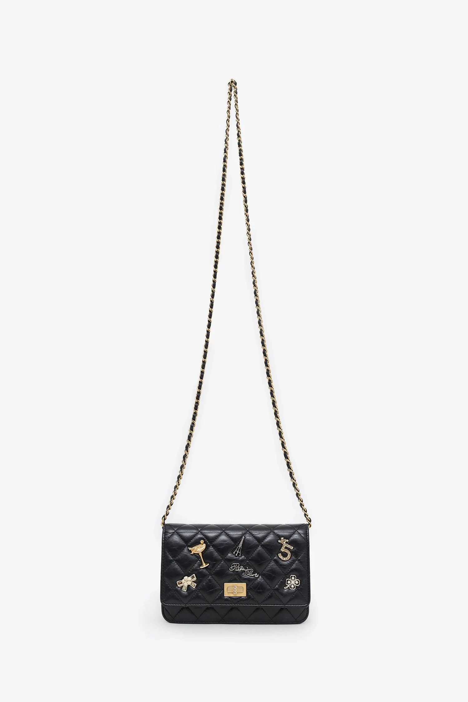 Pre-Loved Chanel™ Black Quilted Aged Calfskin Leather Lucky Charms 2.55 Reissue Wallet on Chain - Image 9