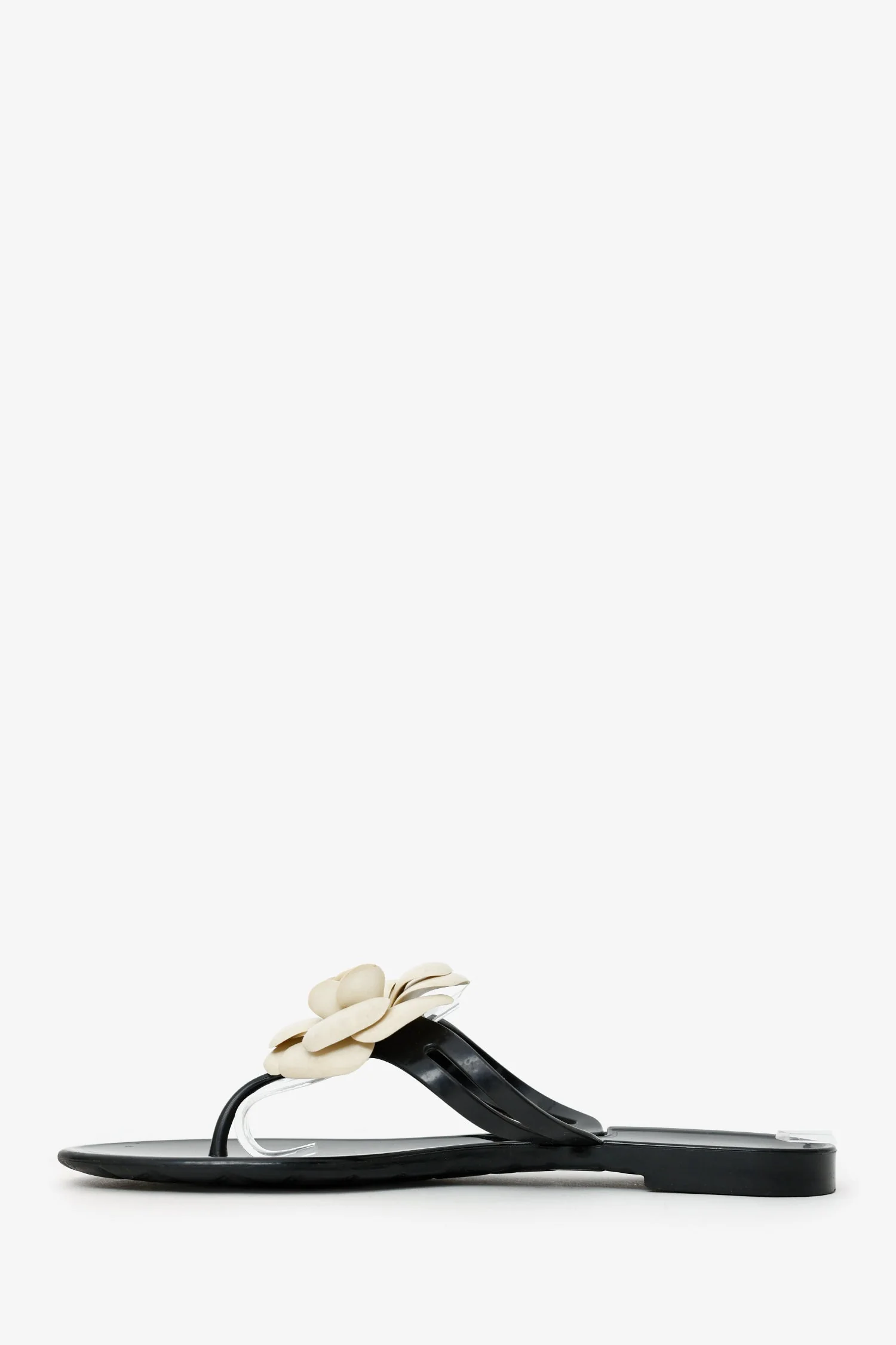 Pre-Loved Chanel™ Black Rubber CC Camellia Thong Flats Size 37 - Image 5