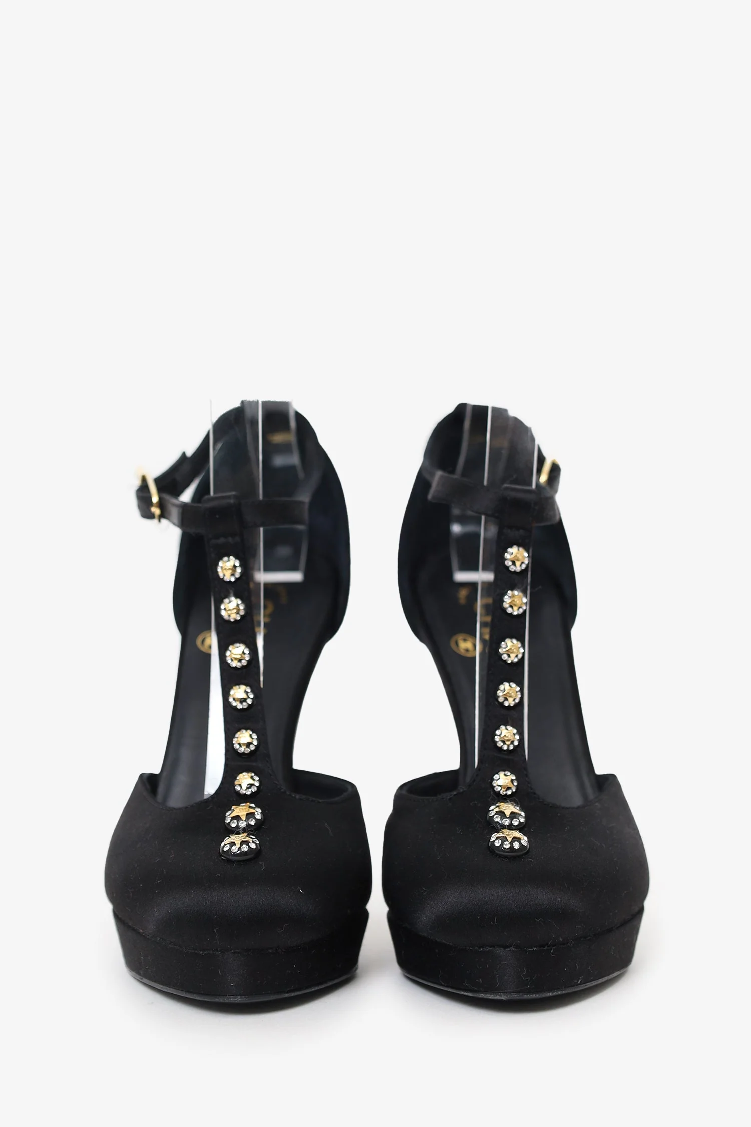 Pre-Loved Chanel™ Black Satin Crystal Star Embellished T-Strap CC Platform Pumps Size 36 - Image 3