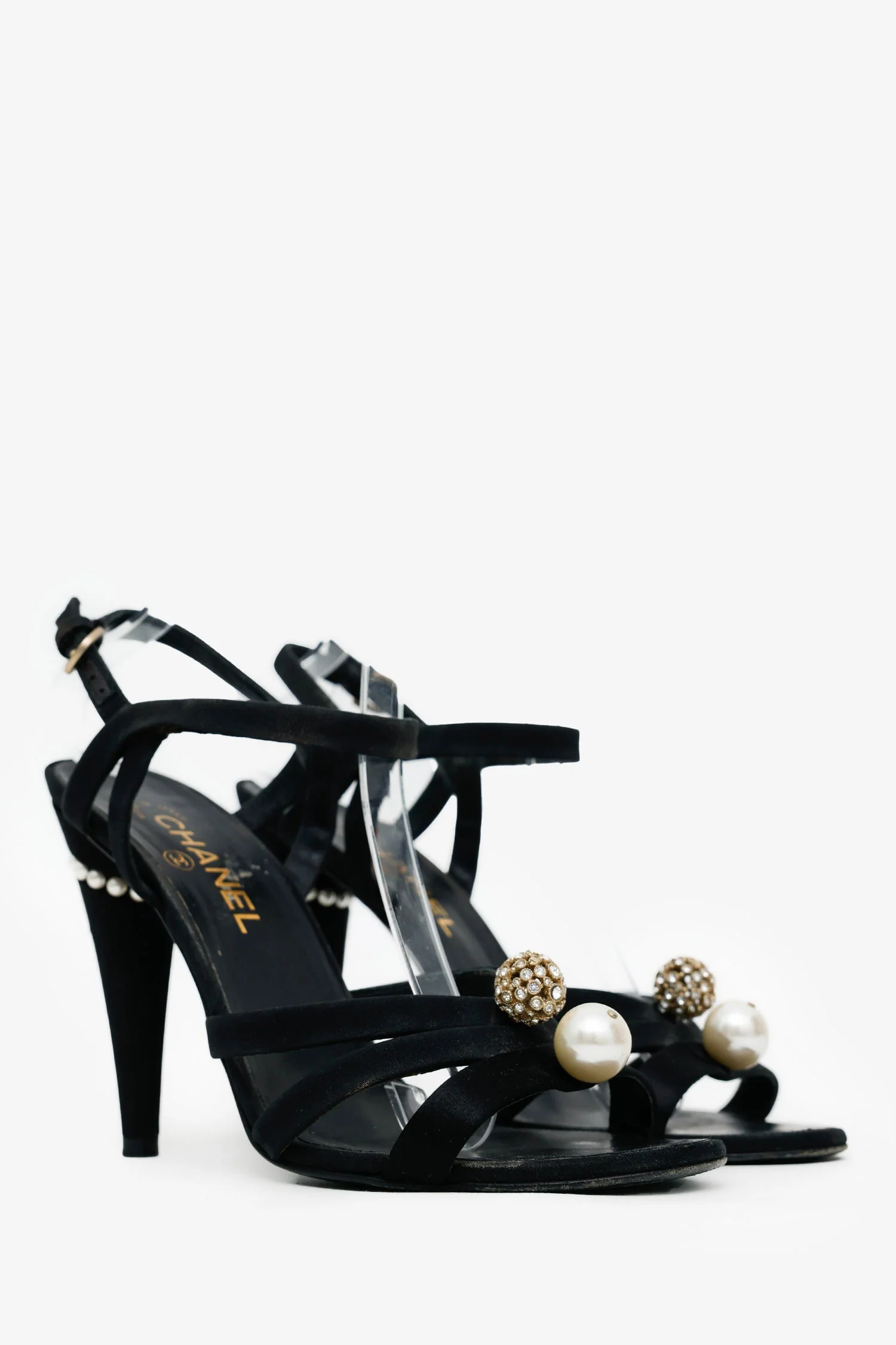 Pre-Loved Chanel™ Black Satin Pearl/Embellished CC Strappy Heels Size 40 - Image 2