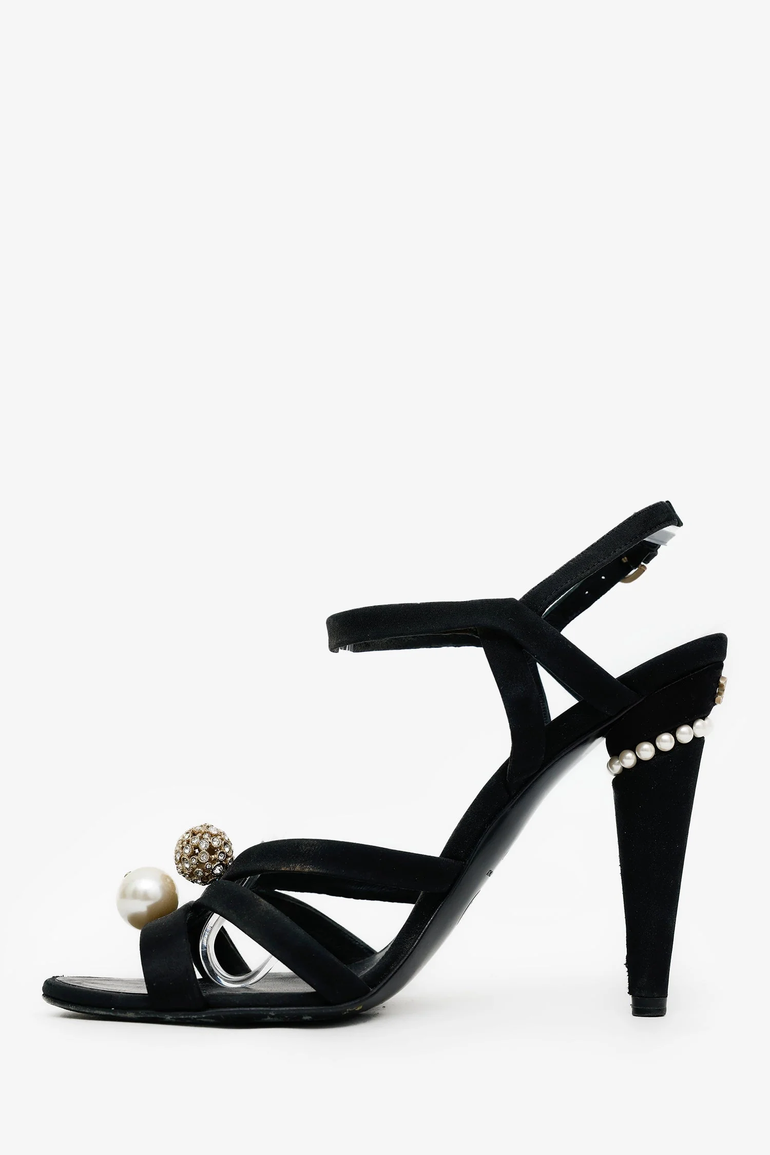 Pre-Loved Chanel™ Black Satin Pearl/Embellished CC Strappy Heels Size 40 - Image 5