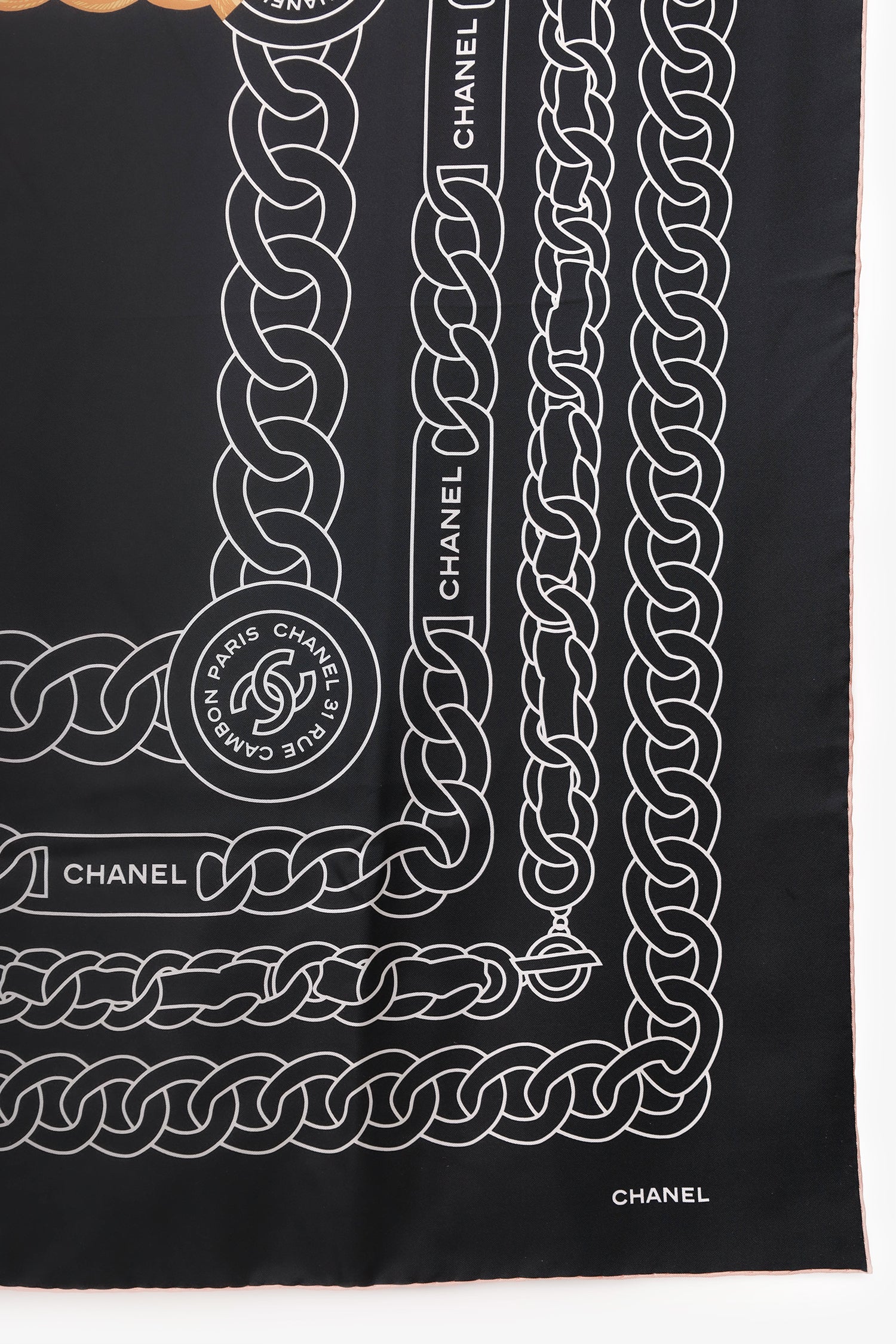 Pre-Loved Chanel™ Black Silk CC Logo Chain Print Scarf - Image 2