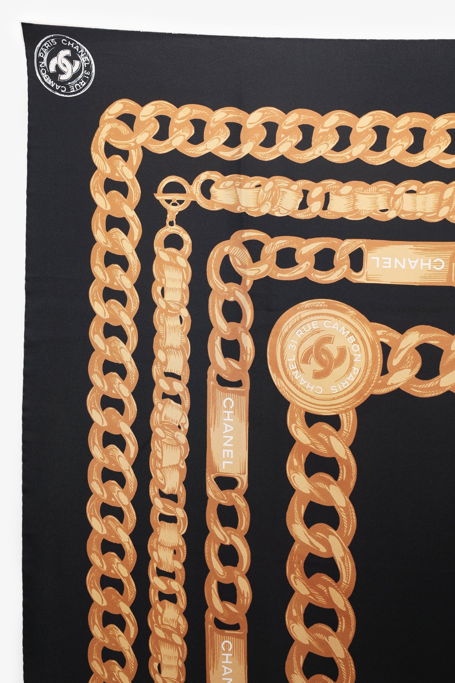 Pre-Loved Chanel™ Black Silk CC Logo Chain Print Scarf - Image 5