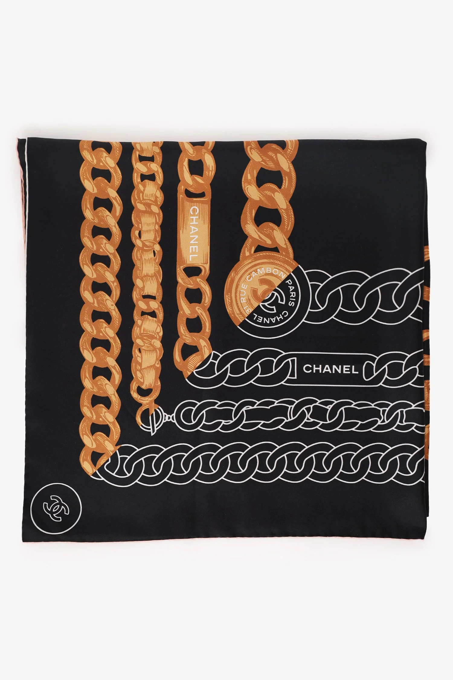 Pre-Loved Chanel™ Black Silk CC Logo Chain Print Scarf - Image 6
