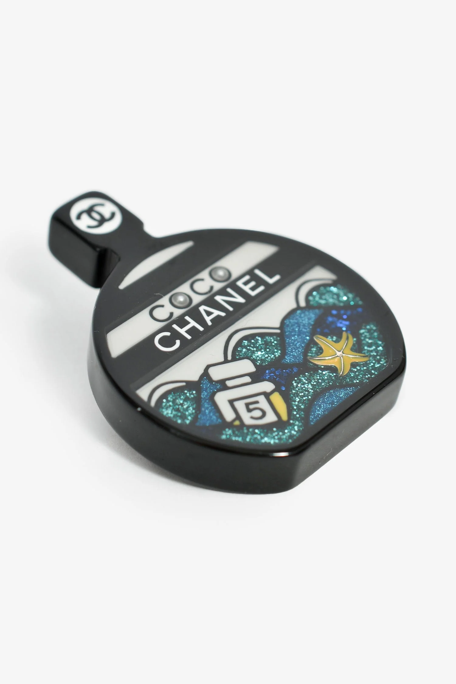 Pre-Loved Chanel™ Black/White Glitter Resin Perfume Bottle Brooch - Image 3