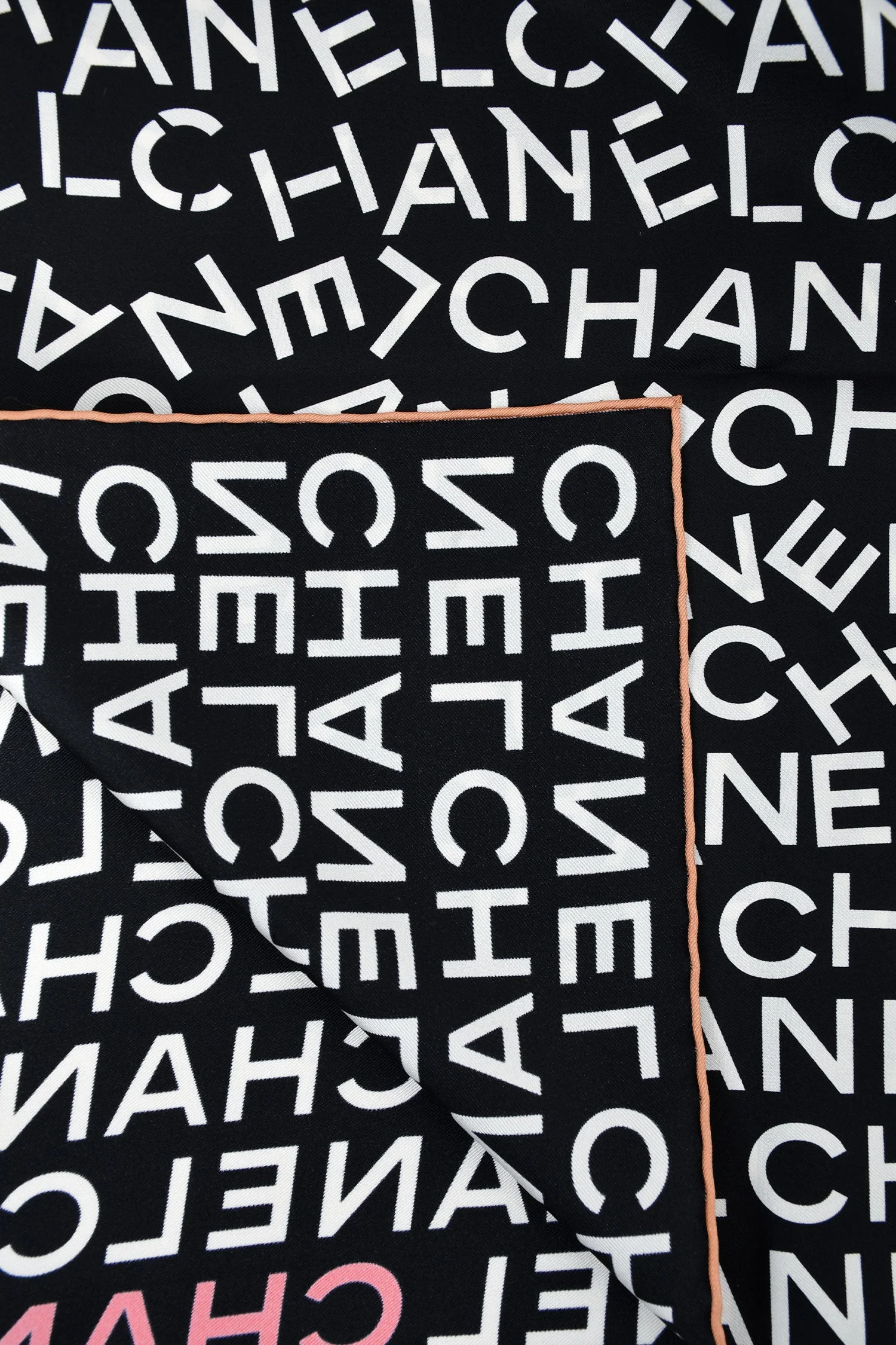 Pre-Loved Chanel™ Black/White Silk Logo Square Scarf - Image 3