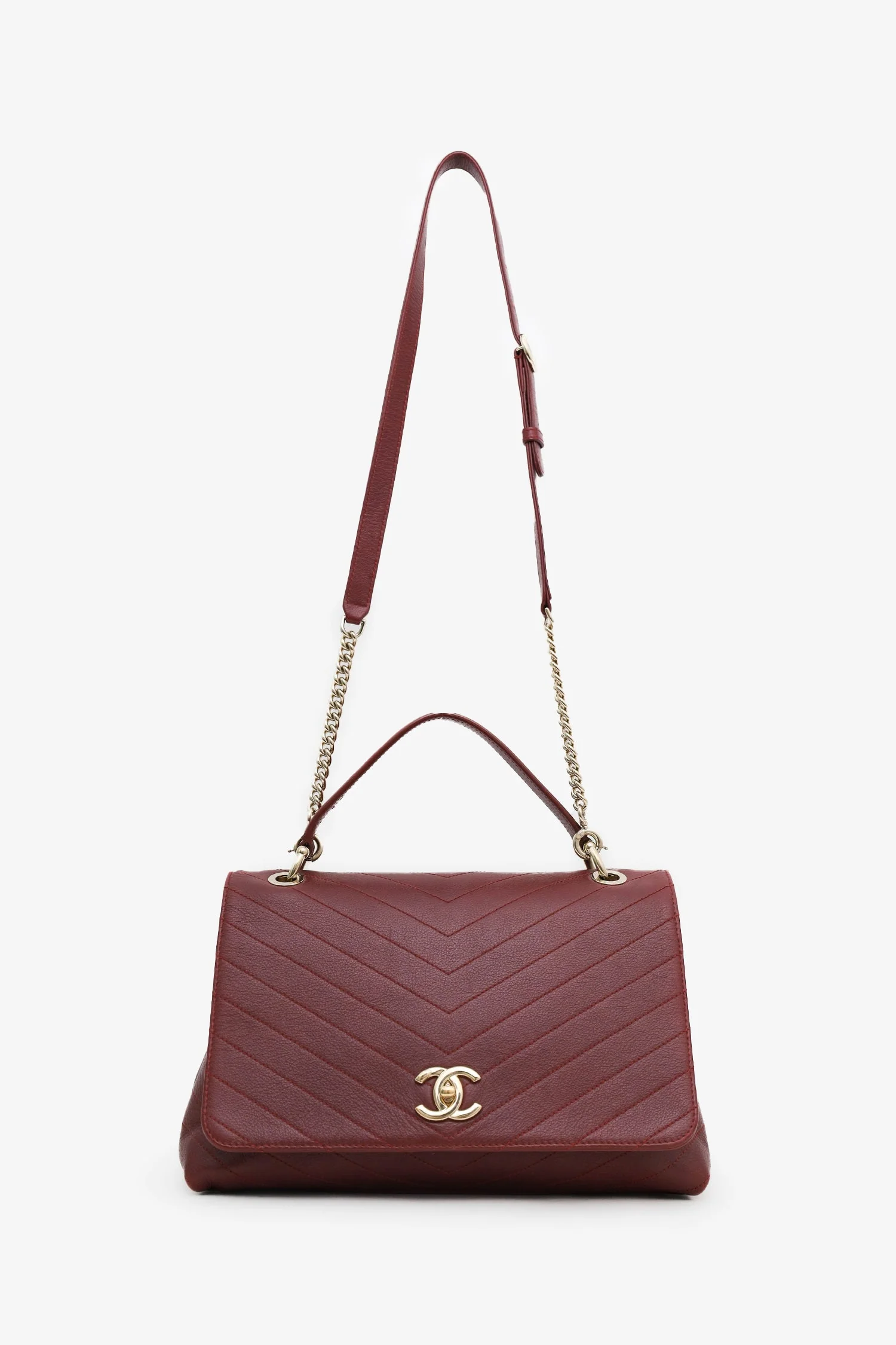 Chanel™ Burgundy Grained Calfskin Stitched Chevron Medium Chic Top Handle (Pre-Loved) - Image 7