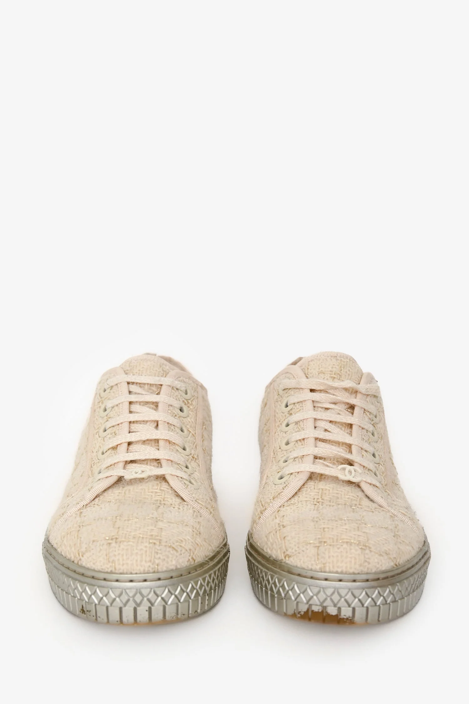 Pre-Loved Chanel™ Cream/Slilver Tweed Lace Up Sneaker Size 41 - Image 3