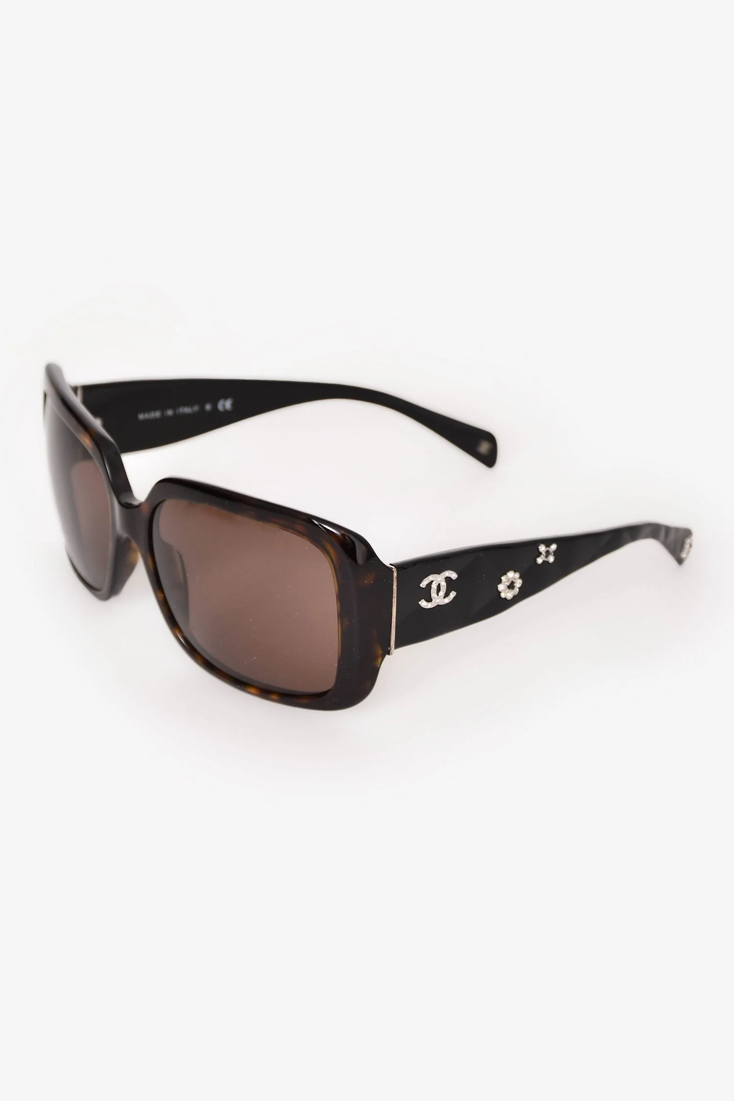 Pre-Loved Chanel™ Dark Brown Tortoise Crystal Embellished CC Sunglasses - Image 2