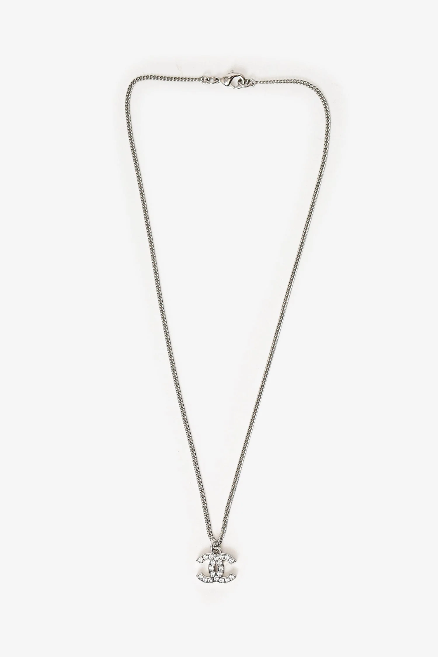 Pre-Loved Chanel™ F12 Silver Tone Double CC Crystal Pendant Necklace - Image 2
