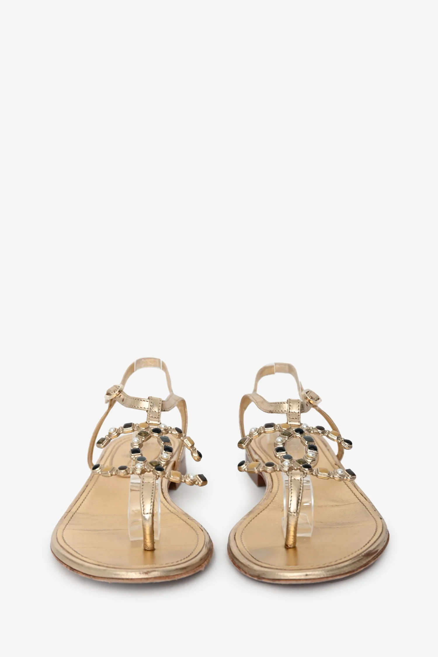 Pre-Loved Chanel™ Gold Leather CC Logo T-Strap Sandals Size 37 - Image 3