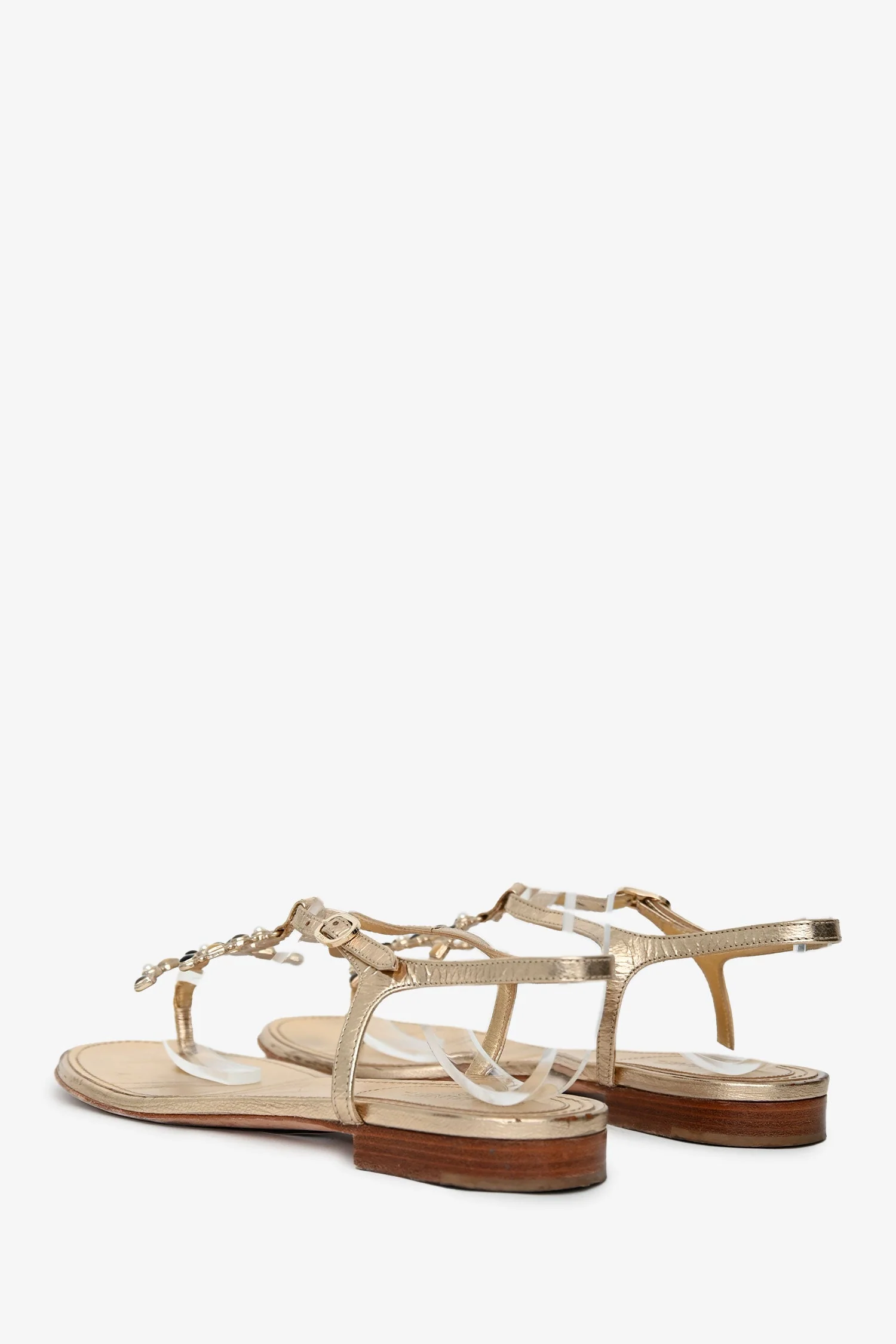 Pre-Loved Chanel™ Gold Leather CC Logo T-Strap Sandals Size 37 - Image 4