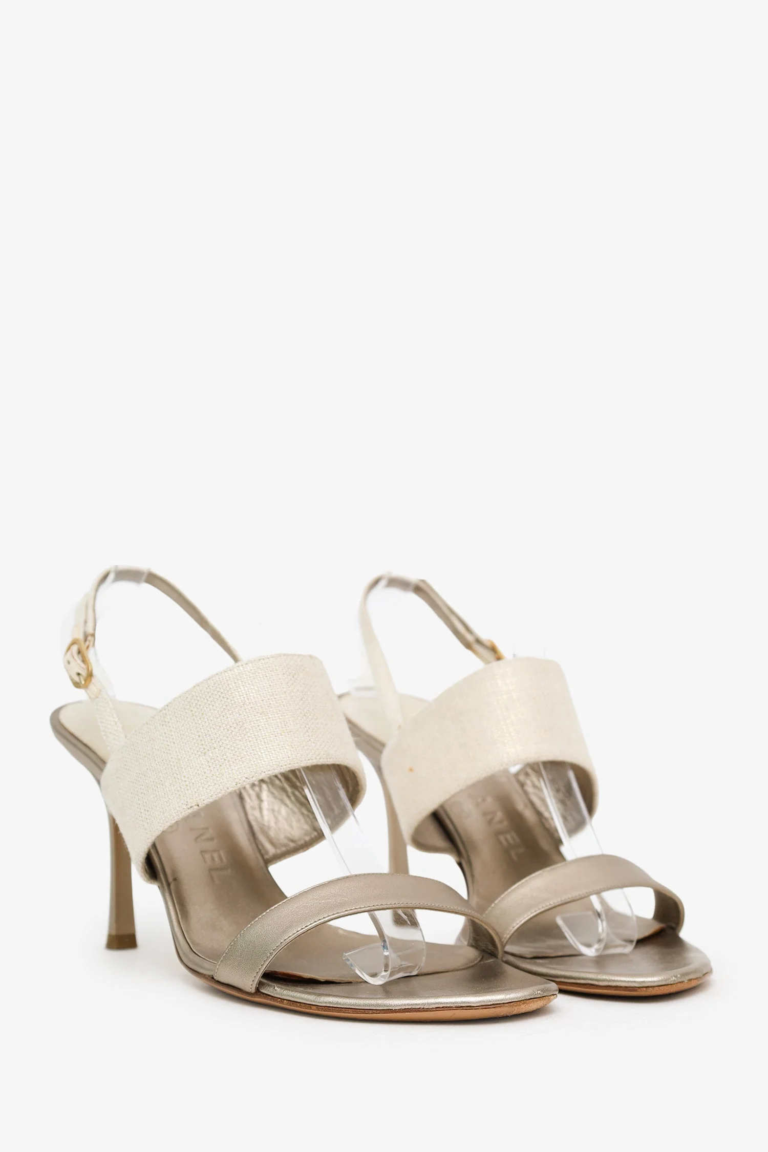 Pre-Loved Chanel™ Gold Metallic Leather/Canvas Slingback Heels Size 40 - Image 2