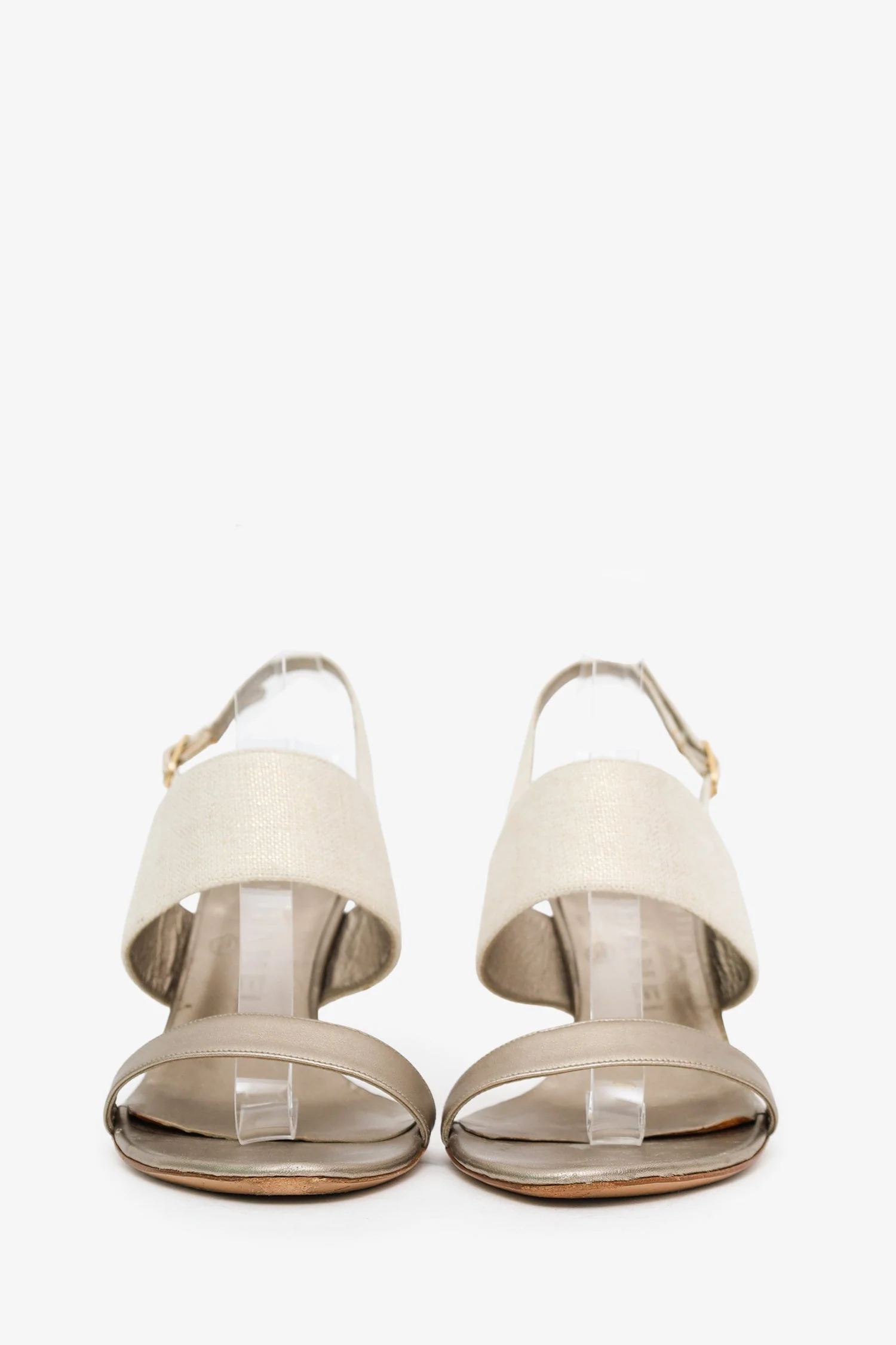Pre-Loved Chanel™ Gold Metallic Leather/Canvas Slingback Heels Size 40 - Image 3