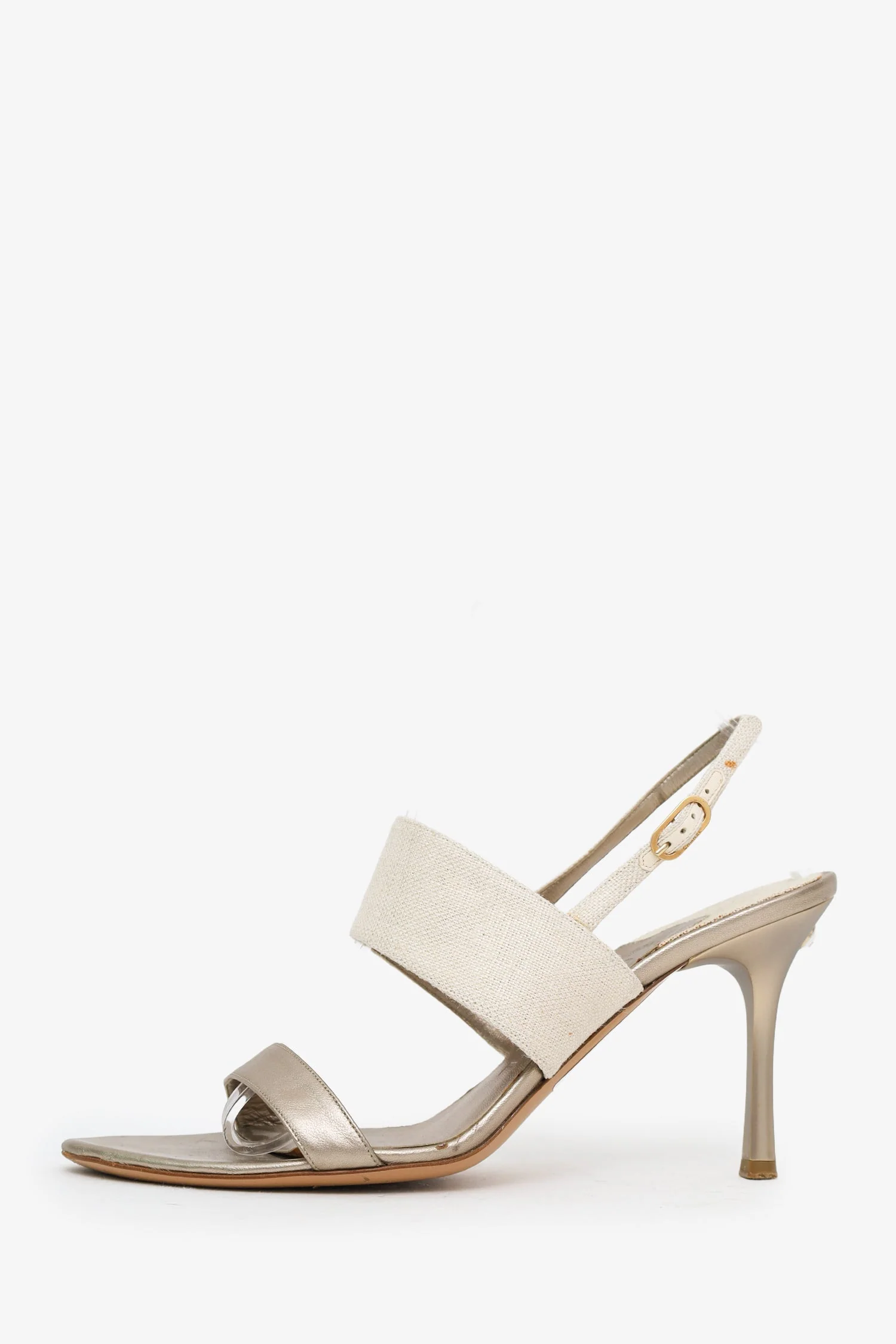 Pre-Loved Chanel™ Gold Metallic Leather/Canvas Slingback Heels Size 40 - Image 4
