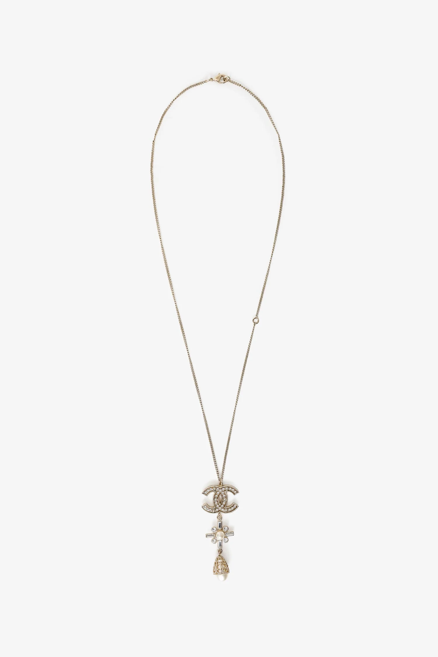 Pre-Loved Chanel™ Gold Tone Crystal Pearl CC Drop Necklace - Image 2