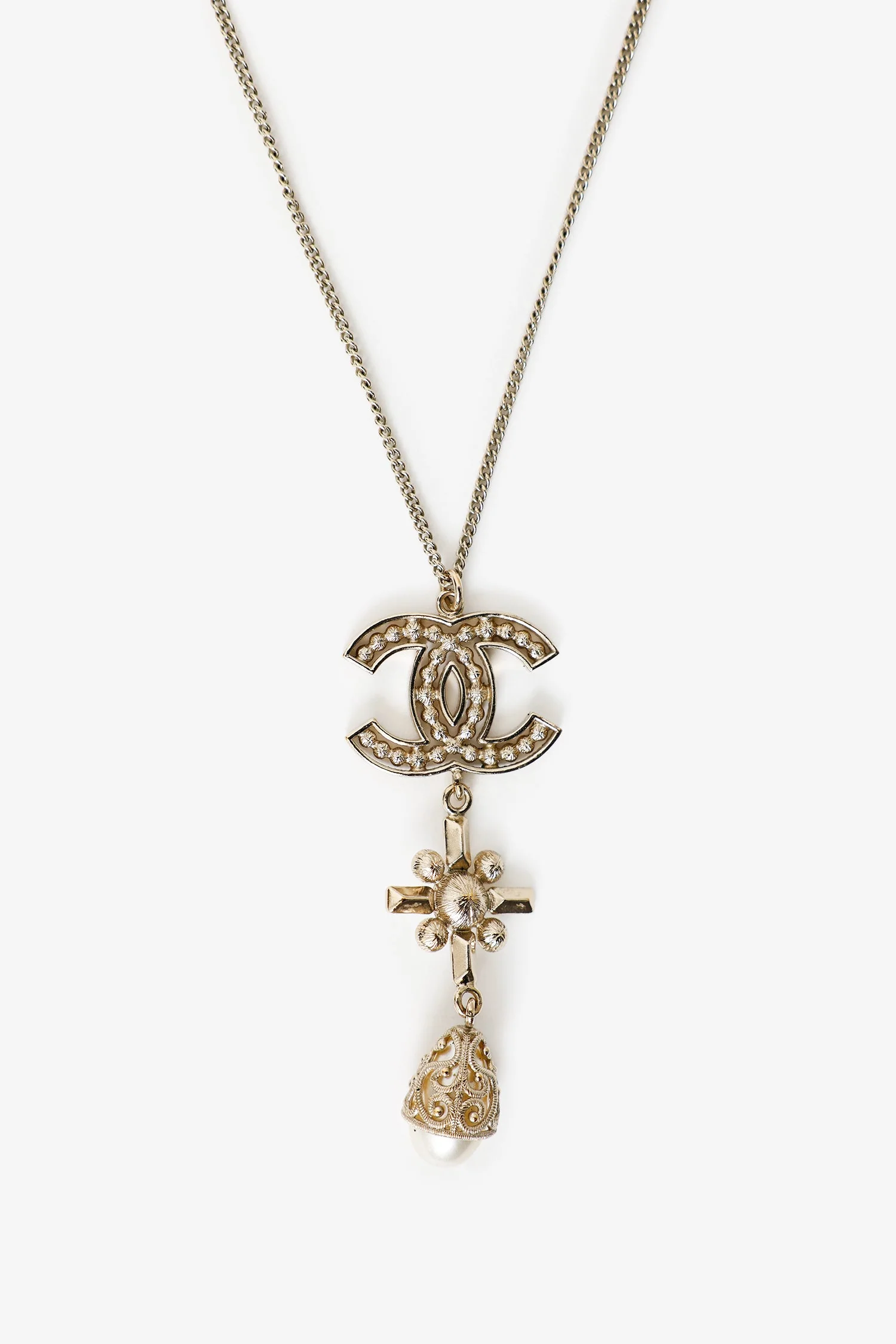 Pre-Loved Chanel™ Gold Tone Crystal Pearl CC Drop Necklace - Image 3