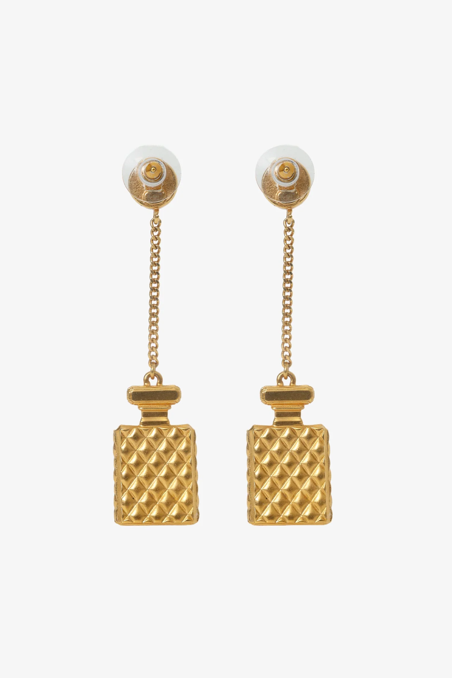 Pre-Loved Chanel™ Gold Tone Crystal Pearl CC Perfume Bottle Chain Drop Earrings - Image 2