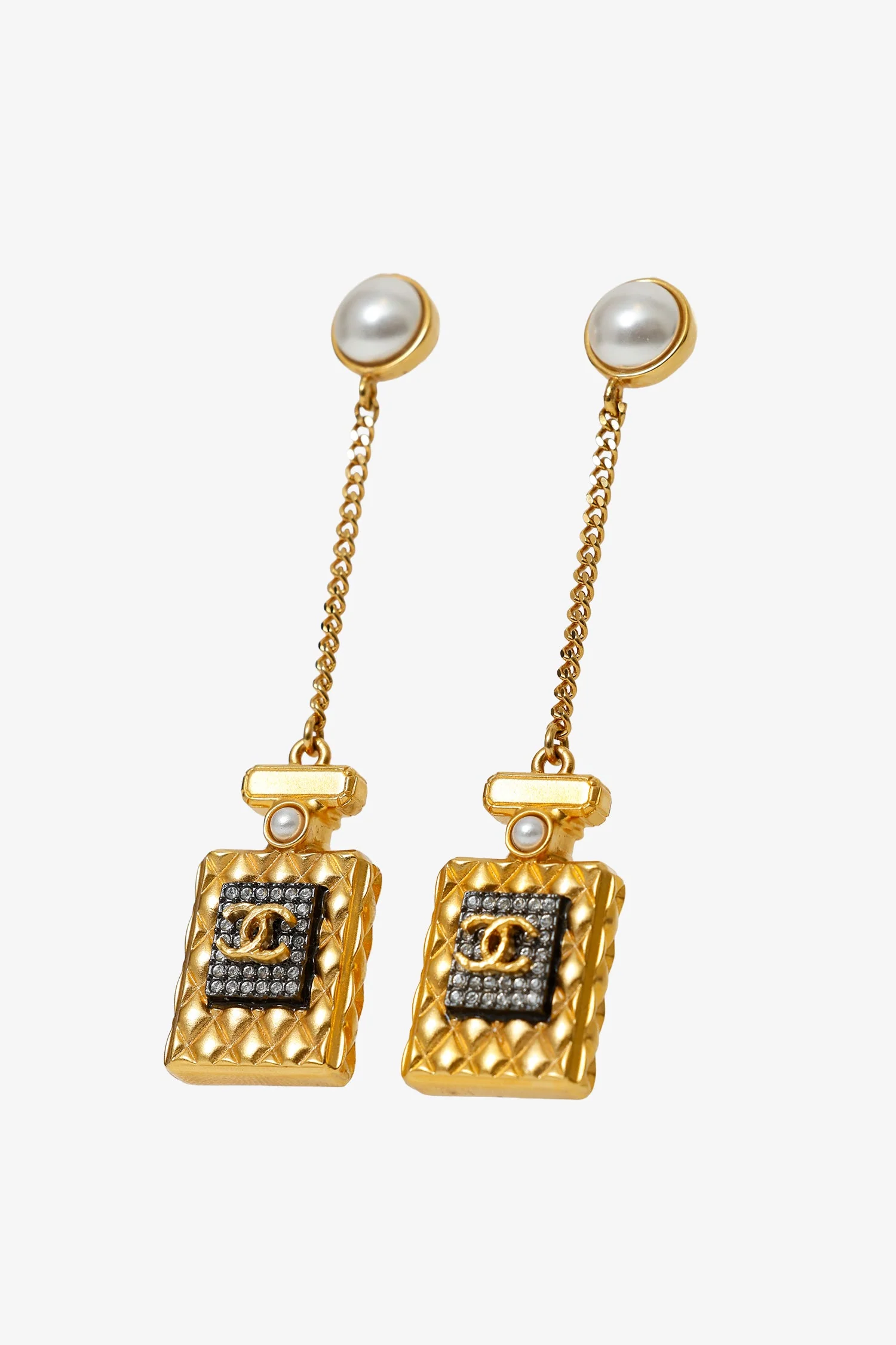 Pre-Loved Chanel™ Gold Tone Crystal Pearl CC Perfume Bottle Chain Drop Earrings - Image 3