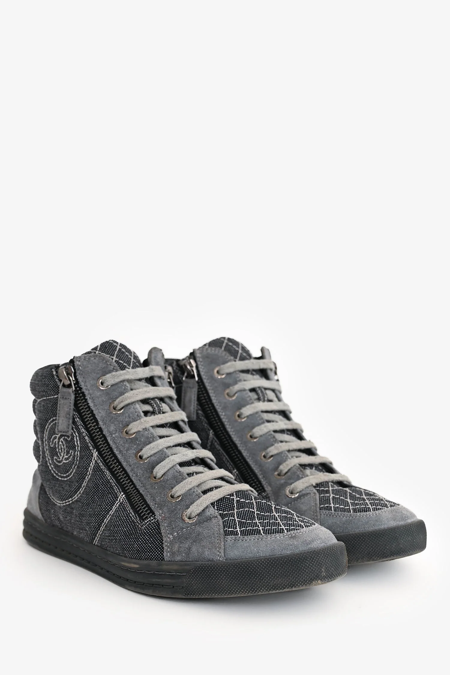 Pre-Loved Chanel™ Grey/White Stitch Detail Mid Top Sneakers Size 39.5 - Image 2