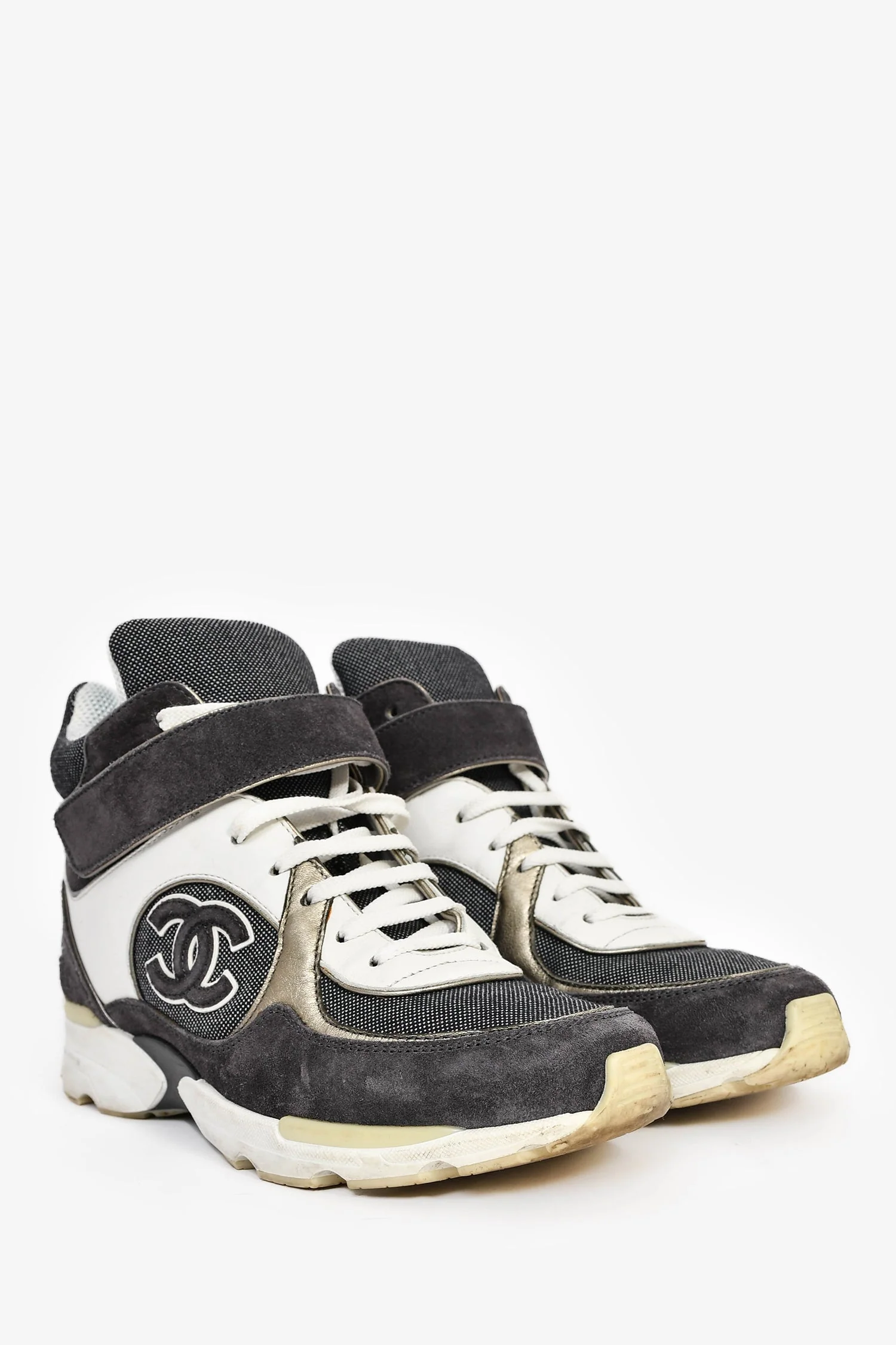 Pre-Loved Chanel™ Grey/White Strap High-Top Sneakers Size 37 - Image 2