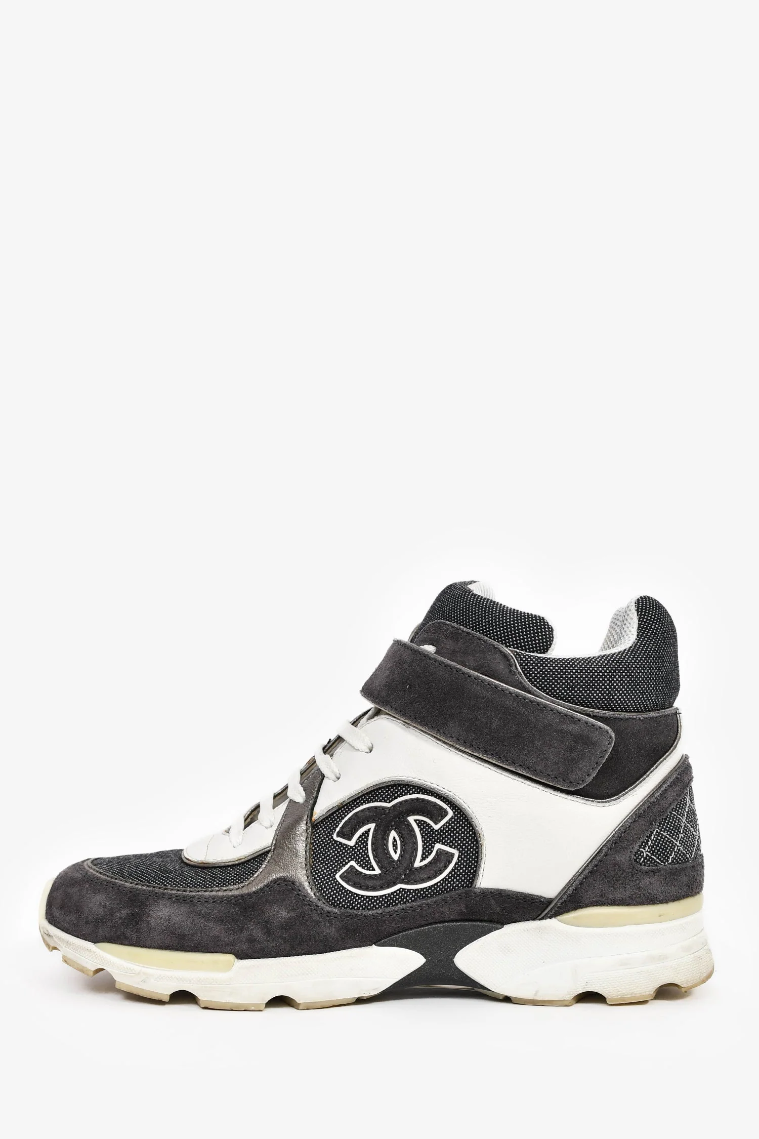 Pre-Loved Chanel™ Grey/White Strap High-Top Sneakers Size 37 - Image 4