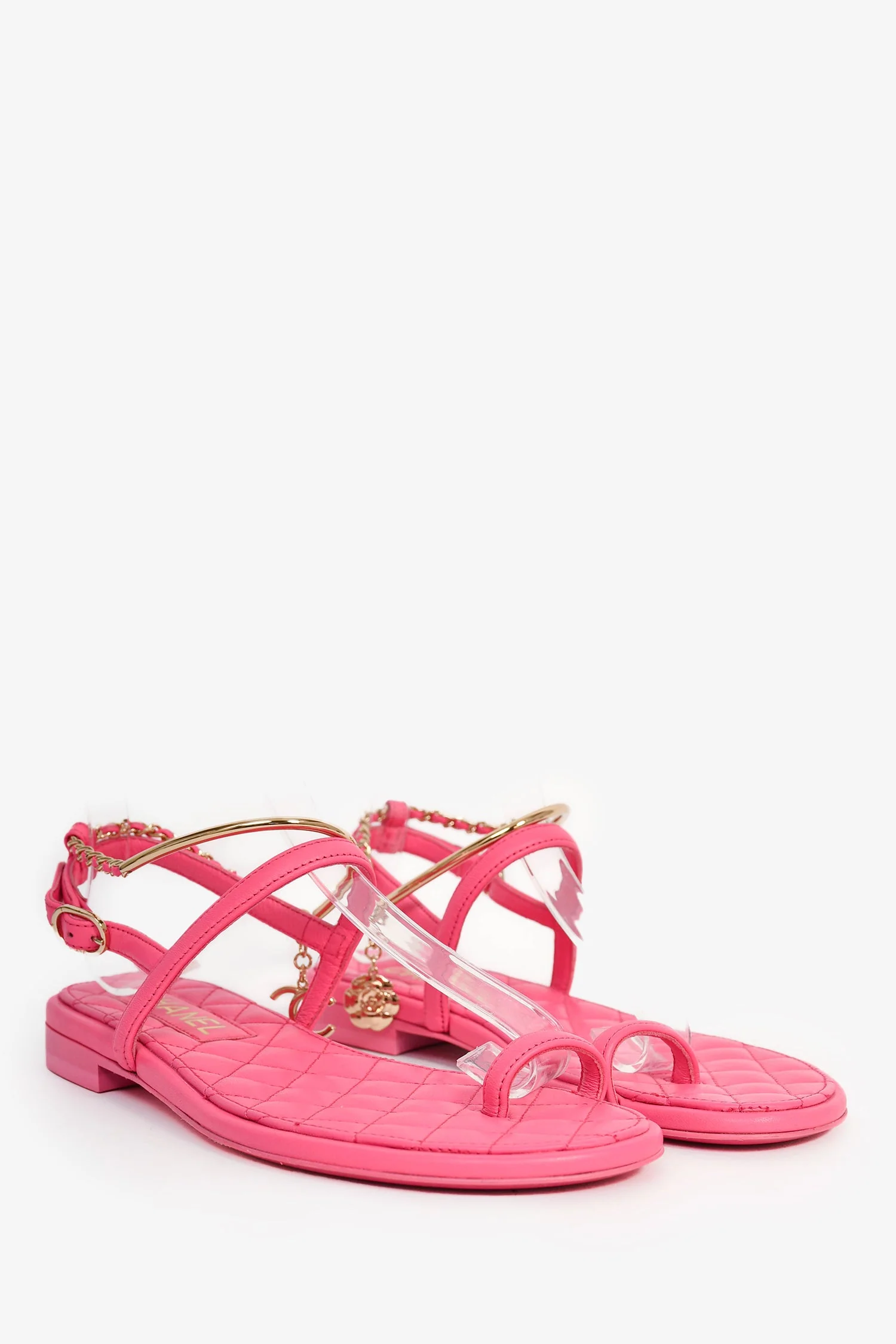 Pre-Loved Chanel™ Hot Pink Leather Gold Ankle Wrap Sandals with Chain Link Detail Size 36C - Image 2