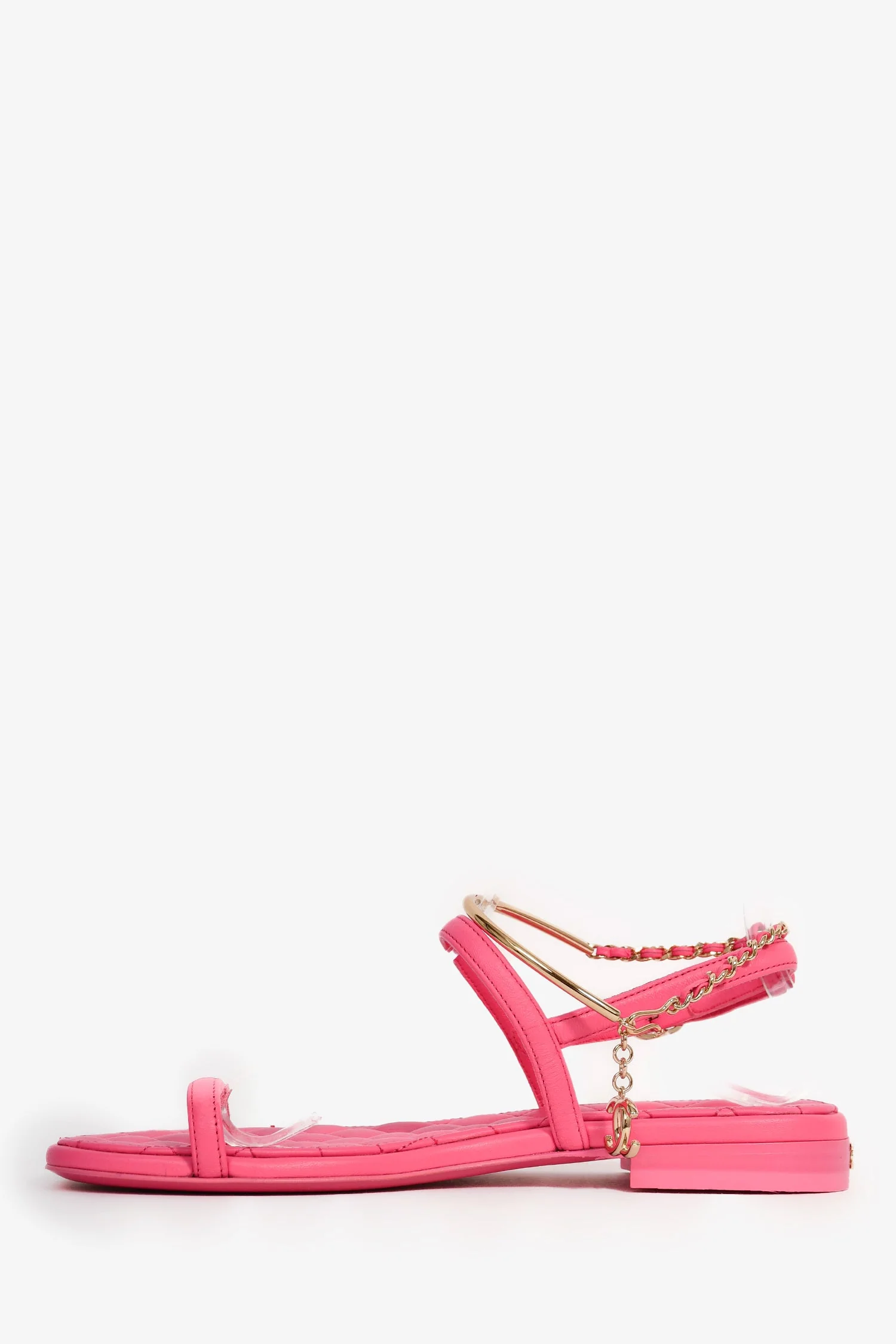 Pre-Loved Chanel™ Hot Pink Leather Gold Ankle Wrap Sandals with Chain Link Detail Size 36C - Image 4