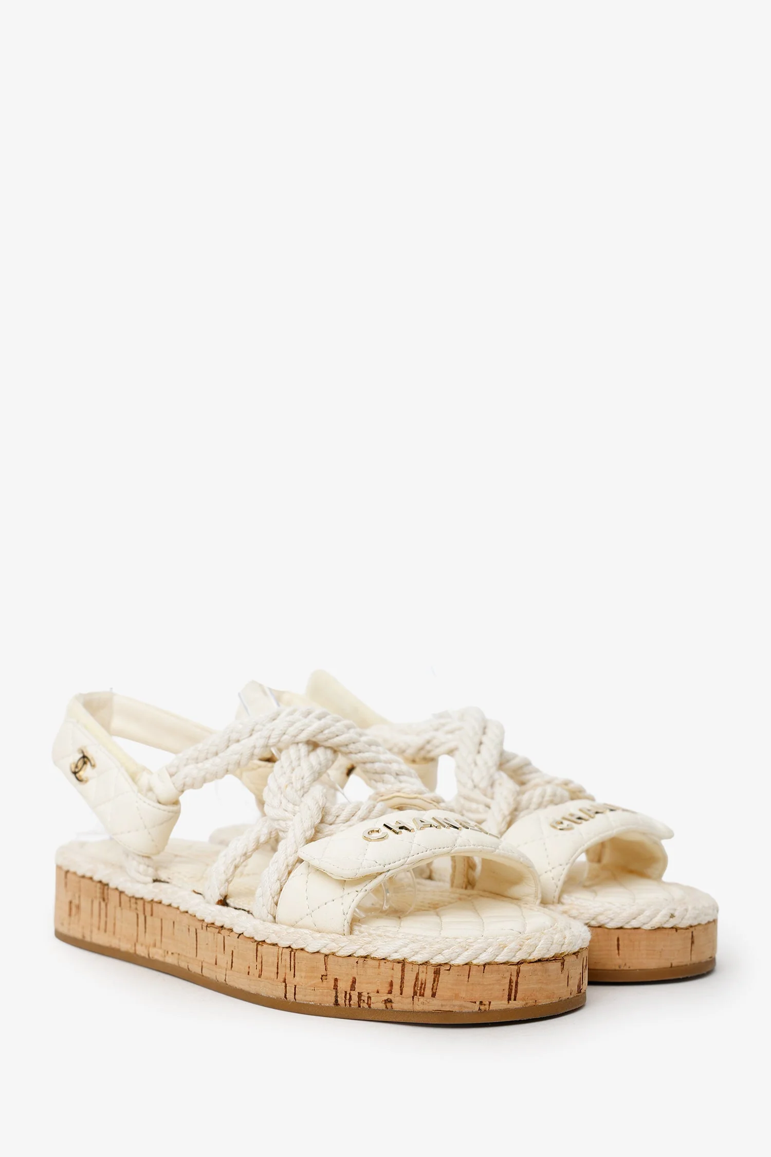 Pre-Loved Chanel™ Ivory Cord Leather Cork Flat Slingback Sandals Size 36 - Image 2