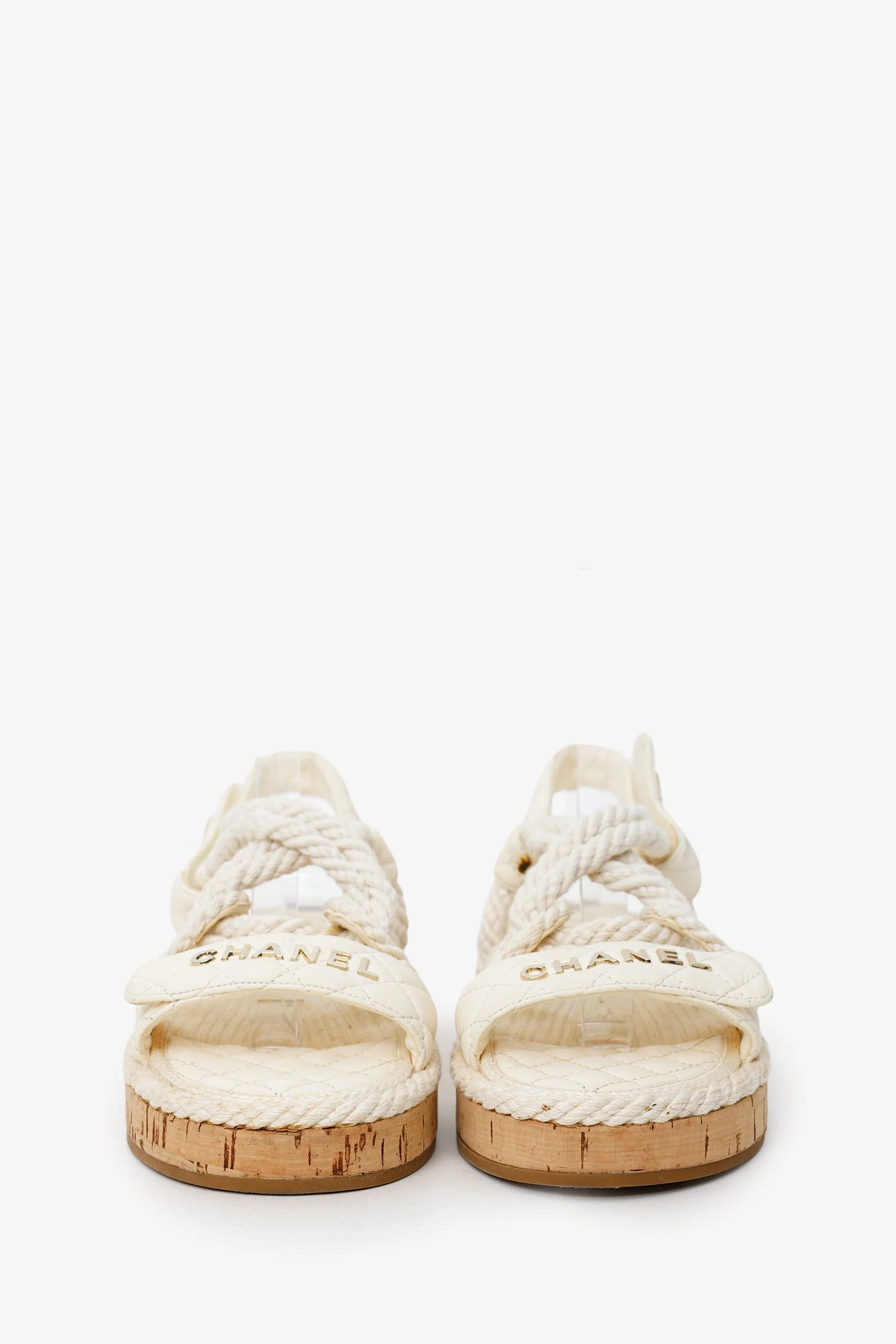 Pre-Loved Chanel™ Ivory Cord Leather Cork Flat Slingback Sandals Size 36 - Image 3