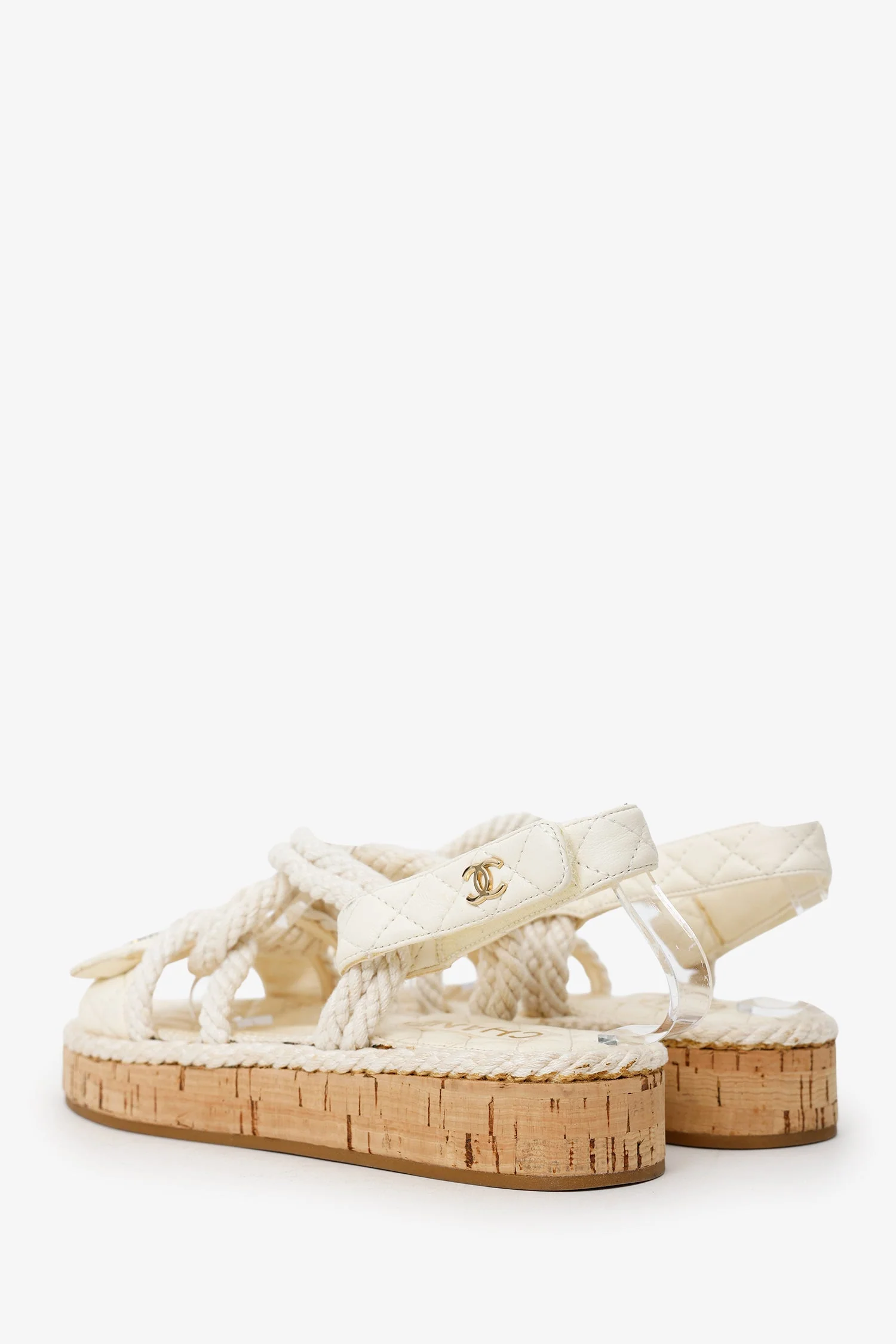 Pre-Loved Chanel™ Ivory Cord Leather Cork Flat Slingback Sandals Size 36 - Image 4