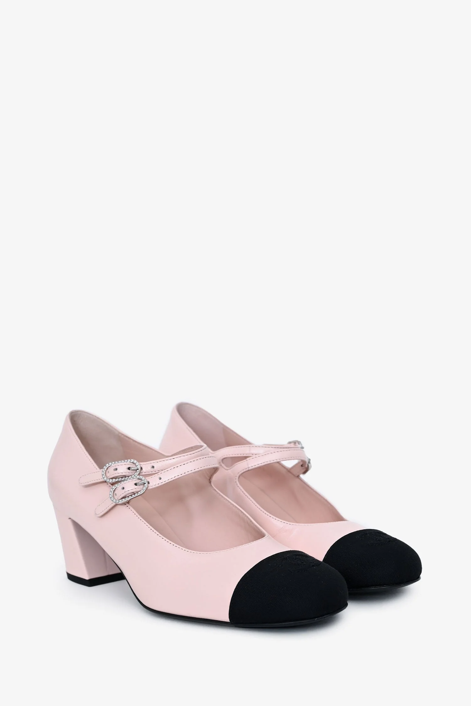Pre-Loved Chanel™ Light Pink Black Cap Toe Mary Jane Heels Size 38 - Image 2