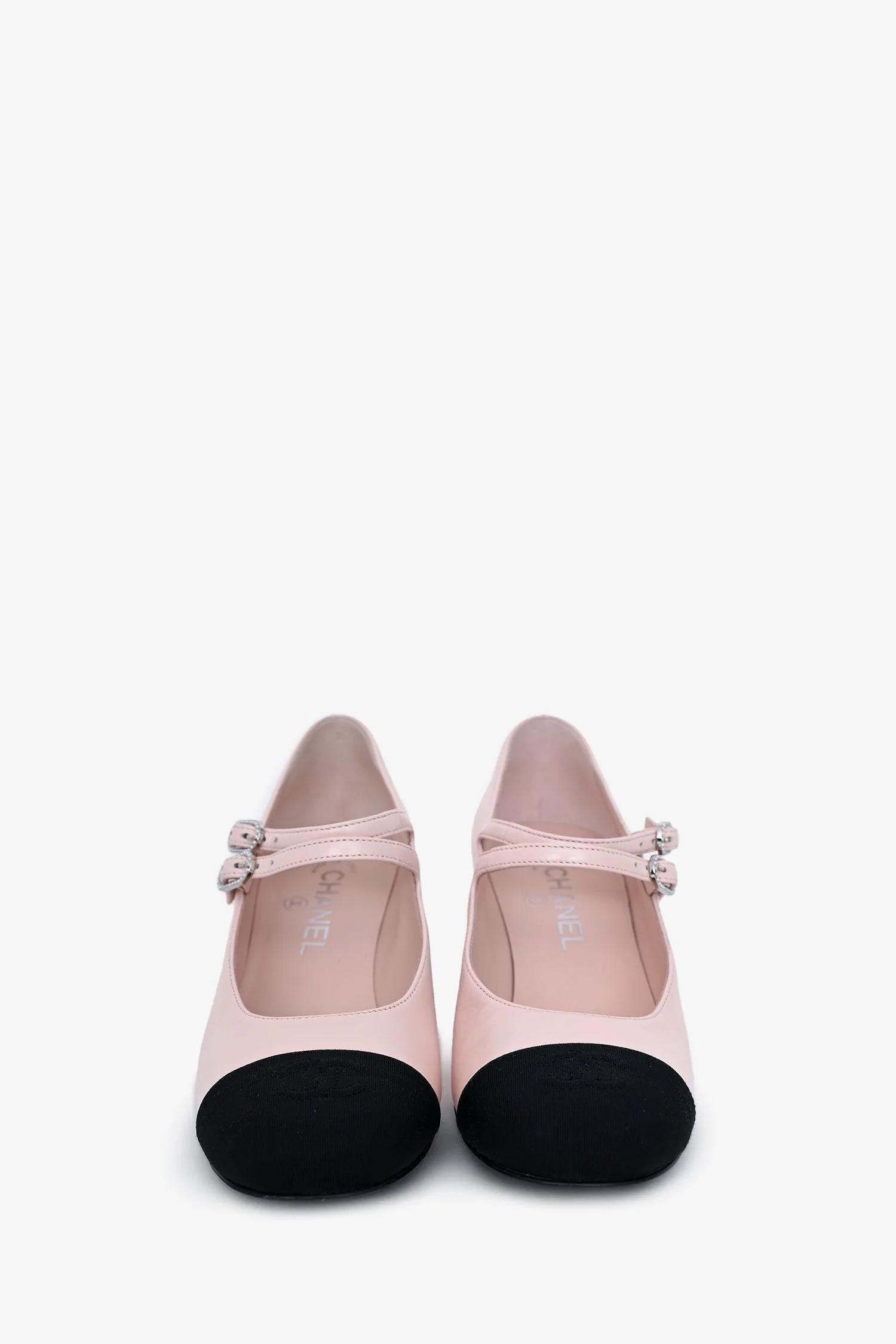 Pre-Loved Chanel™ Light Pink Black Cap Toe Mary Jane Heels Size 38 - Image 3