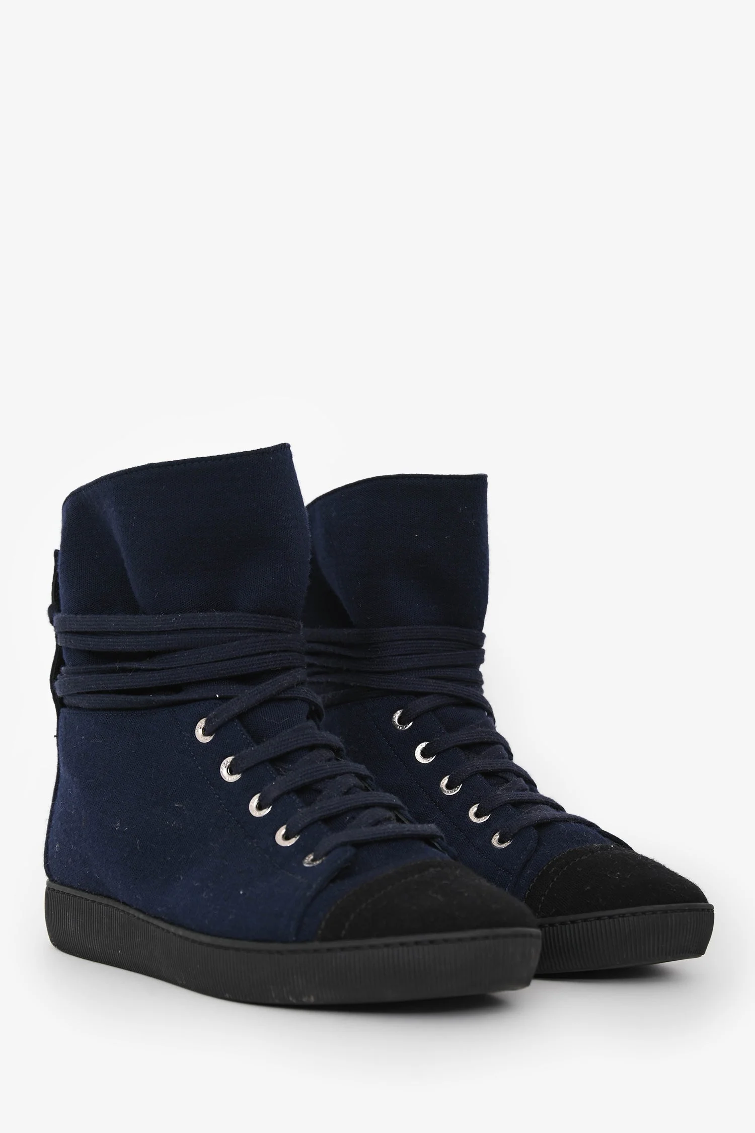 Pre-Loved Chanel™ Navy/Black Fabric Toe Cap Lace Up Boots Size 35.5 - Image 2
