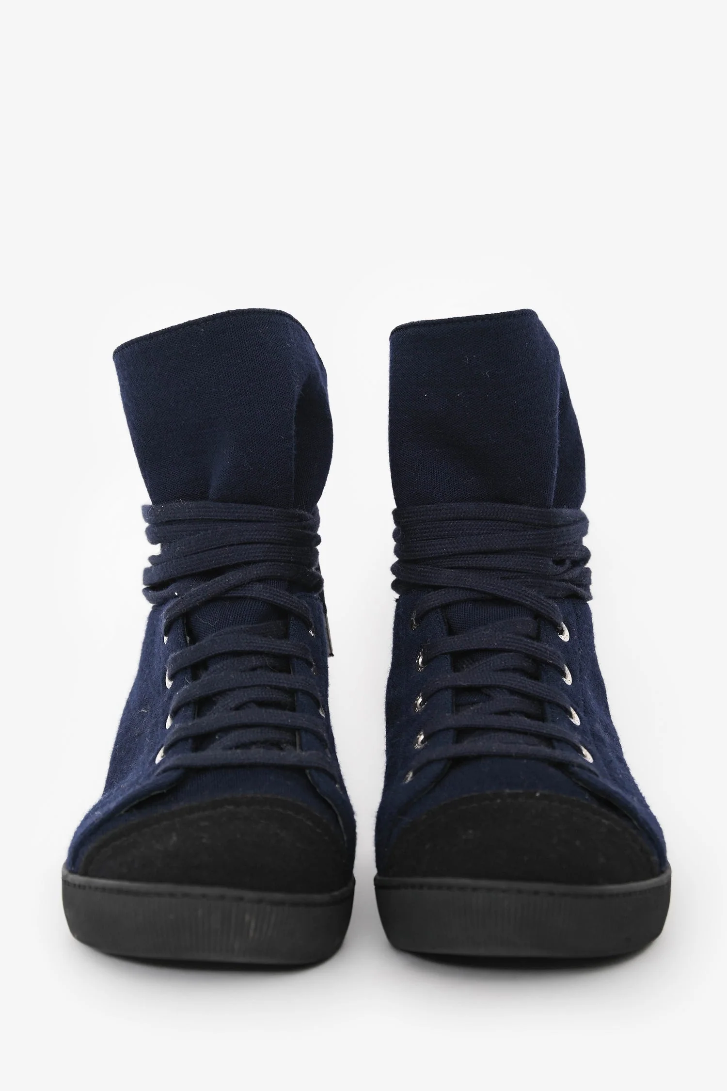 Pre-Loved Chanel™ Navy/Black Fabric Toe Cap Lace Up Boots Size 35.5 - Image 3