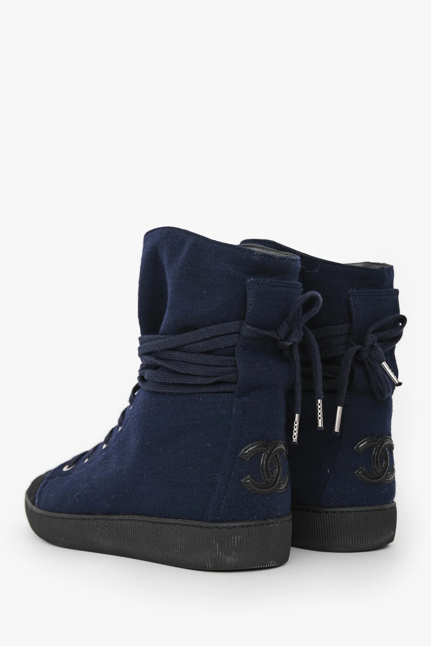 Pre-Loved Chanel™ Navy/Black Fabric Toe Cap Lace Up Boots Size 35.5 - Image 4