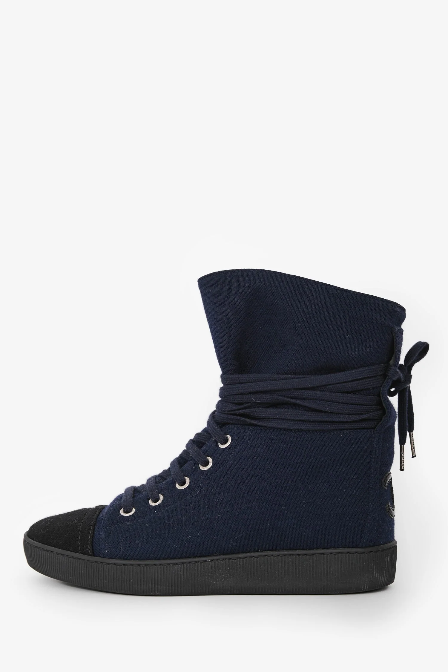 Pre-Loved Chanel™ Navy/Black Fabric Toe Cap Lace Up Boots Size 35.5 - Image 5