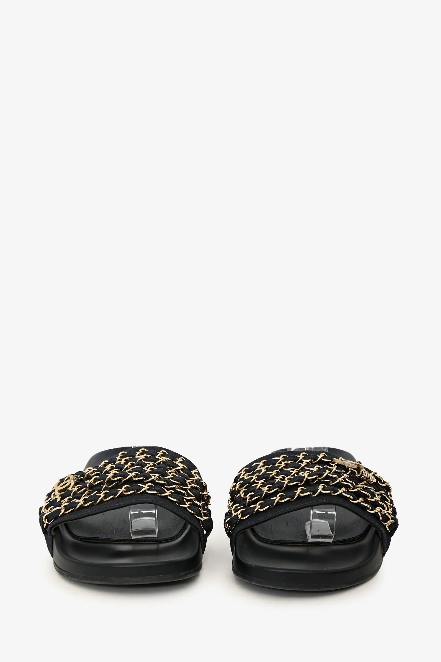 Pre-Loved Chanel™ Navy Chain Embellished CC Sandals Size 39 - Image 3