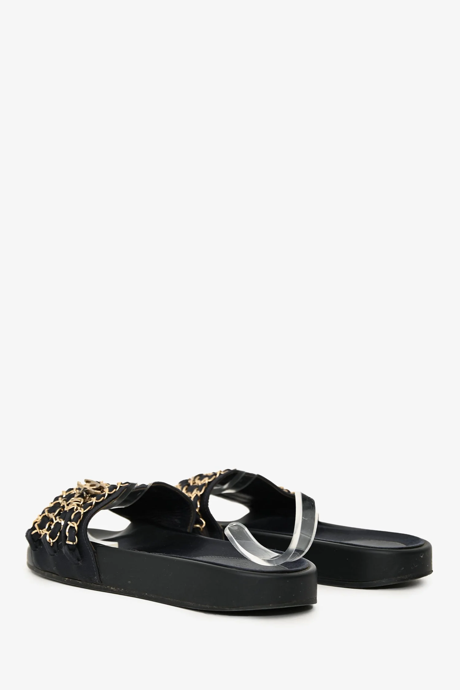 Pre-Loved Chanel™ Navy Chain Embellished CC Sandals Size 39 - Image 4