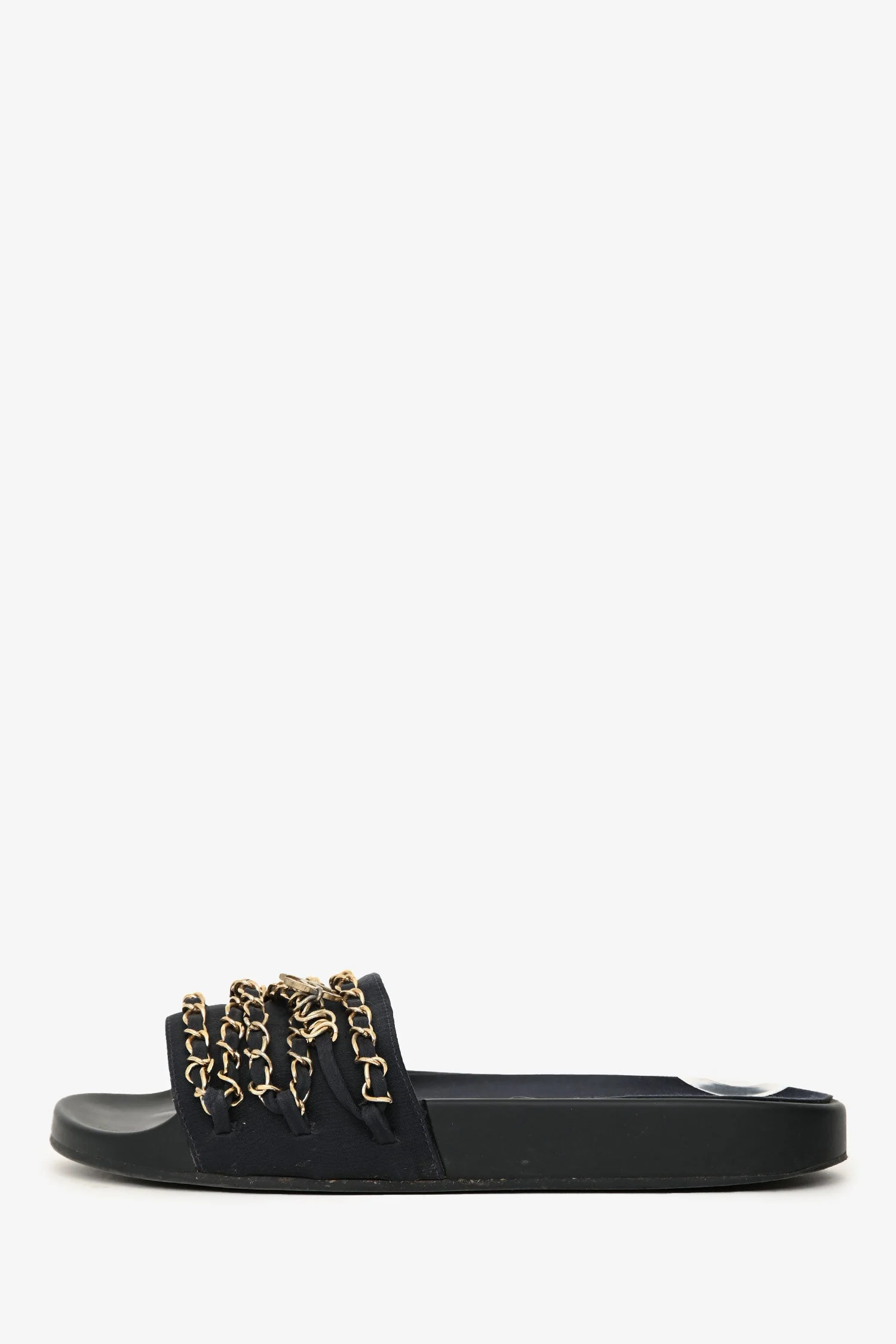 Pre-Loved Chanel™ Navy Chain Embellished CC Sandals Size 39 - Image 5
