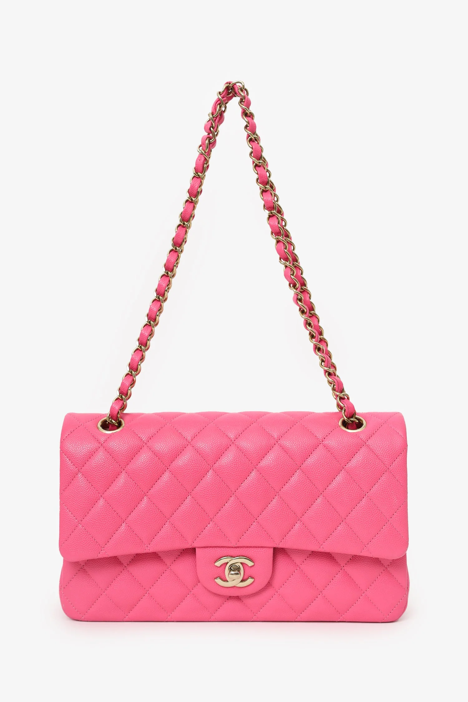 Pre-Loved Chanel™ Pink Caviar Leather Medium Classic Double Flap Shoulder Bag - Image 7
