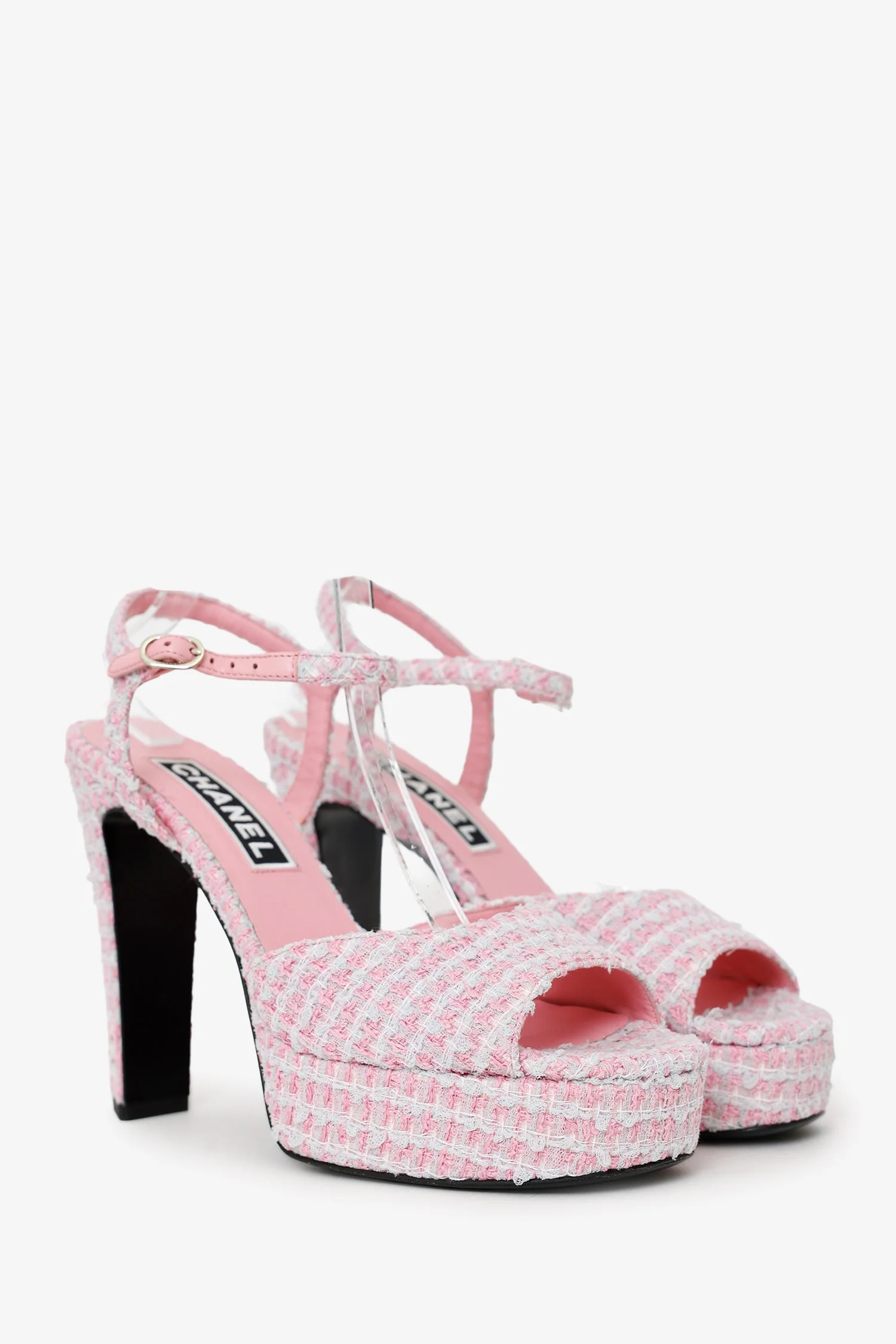 Pre-Loved Chanel™ Pink Tweed Crystal CC Platform Sandals Size 40 - Image 2